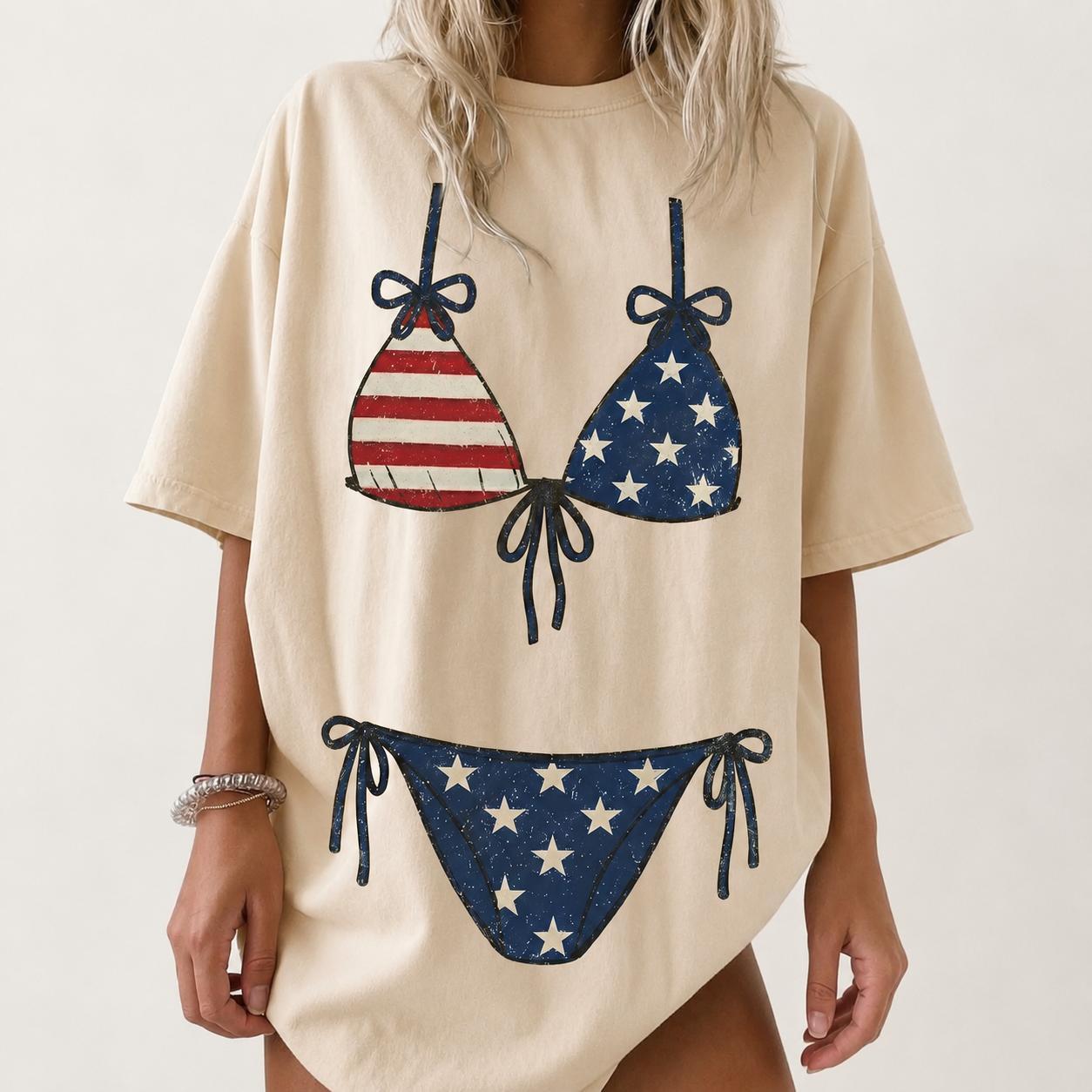 Women'S Oversized Round Neck T-Shirt - Usa Flag Fake Bikini Graphic, Patriotic Casual Streetwear Top, 4th Of July Bachelorette Beach Cover Up, Summer Vacation Women'S Clothes