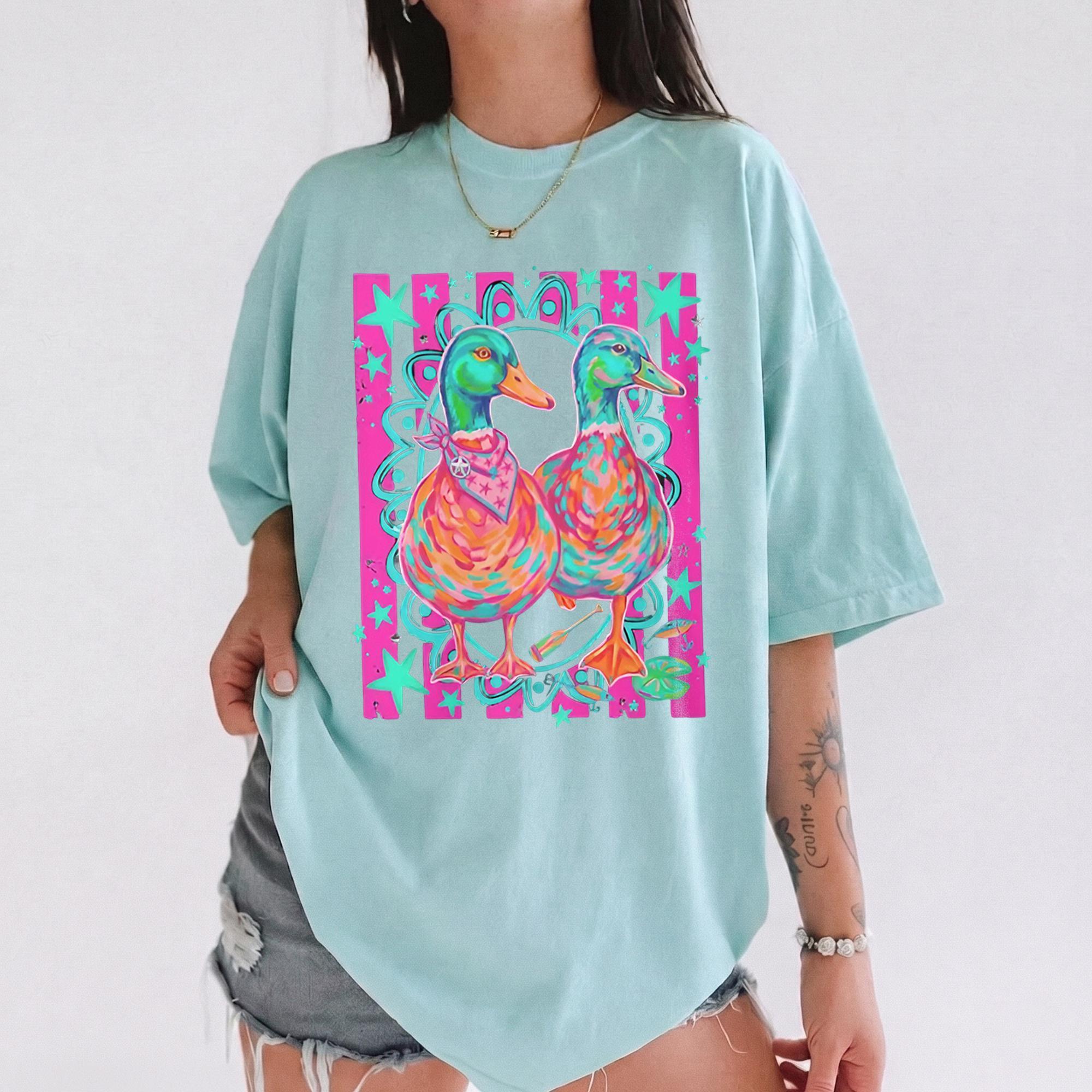 Neon Nautical Mallards Oversized Graphic T-Shirt Unisex Preppy Coquette Vintage 90s Retro Coastal Aesthetic Dark Grey Cotton Tee Waterfowl Duck Print Beach Vacation Summer Festival Top Comfy Casual Wear Trendy