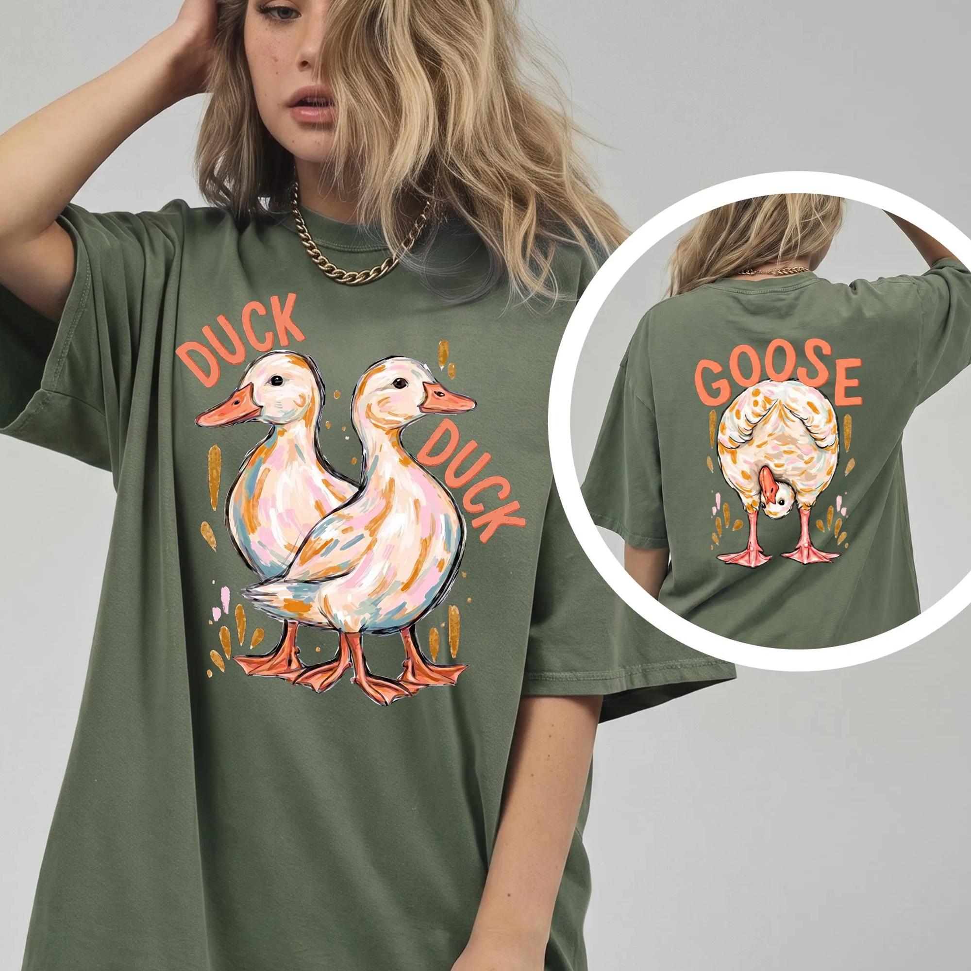 Women'S Duck Duck Goose Graphic Oversized Fleece-Blend Breathable Tee - Ribbed, Kangaroo Pocket, Wrap Design, Matching Retro Preppy Granola Girl Aesthetic Casual Streetwear Loungewear