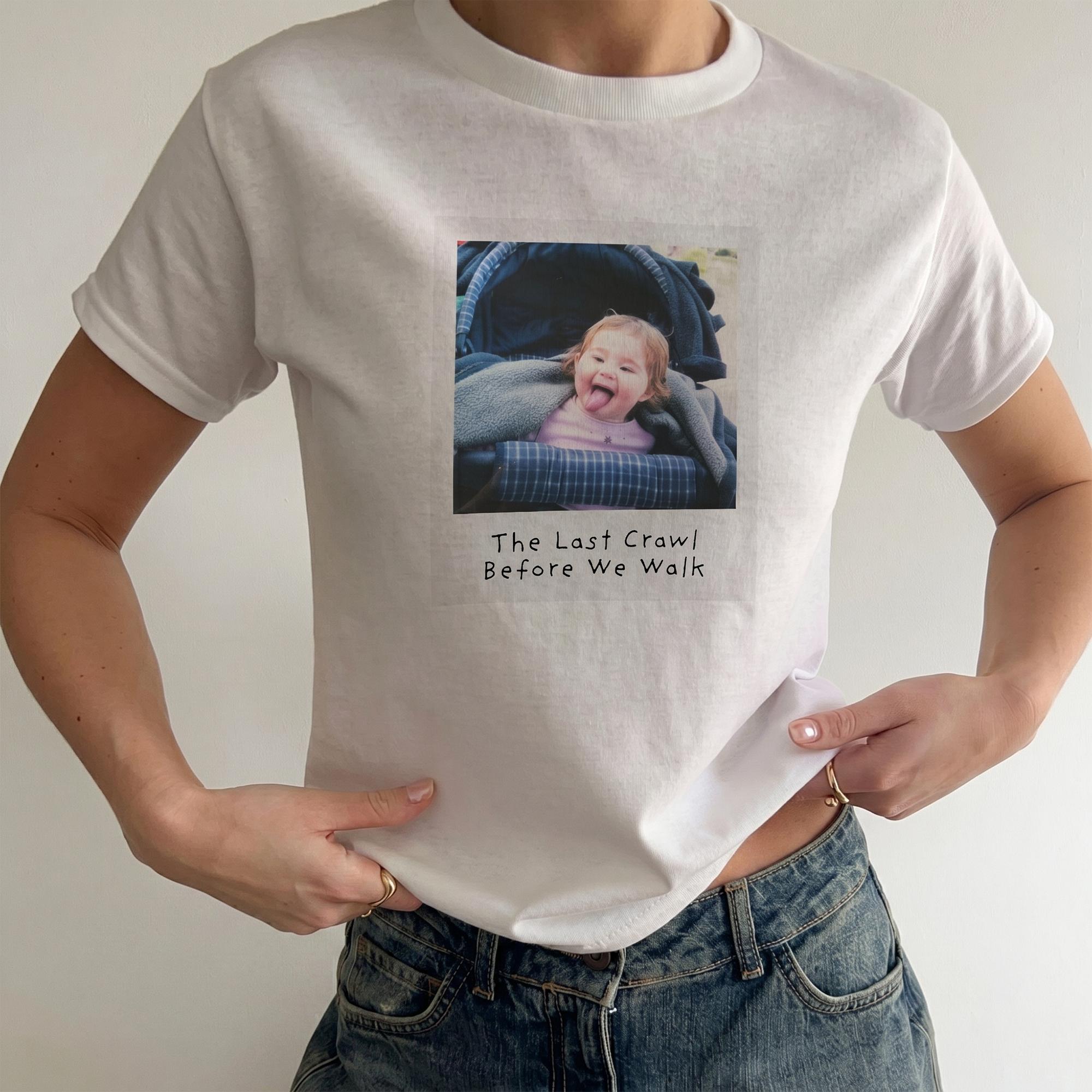 Custom Last Crawl Before We Walk Class Of 2026 Custom Baby Photo Baby Tee Crop Top T-Shirt For Women Y2k Aesthetic Vintage Polaroid Style White Soft Cotton Personalized Graphic Tee Senior High School Graduation Gift Apparel Tiktokshopspringglow