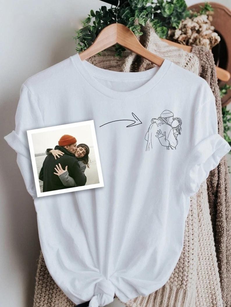Custom Photo To Line Art T-Shirt, Minimalist Couple Portrait Outline Design, Unique Anniversary Gift For Boyfriend Girlfriend, Pocket Style Graphic, Unisex Top