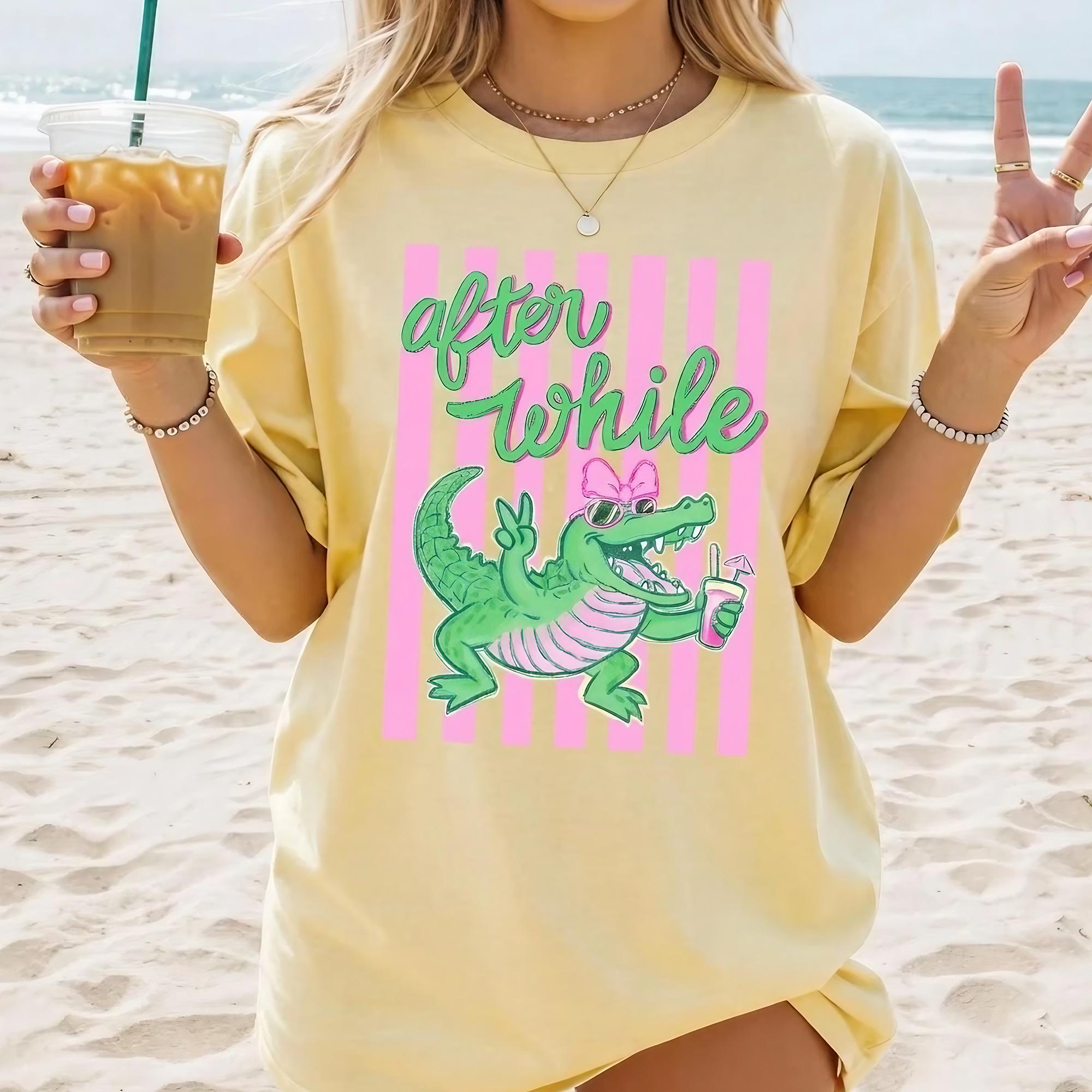 After While Crocodile Graphic T-Shirt For Women Teens Preppy Retro Coquette Aesthetic Ivory Cotton Casual Tee Later Gator Summer Beach Party Pink Green Alligator With Bow Trendy Y2k Festival Vacation Top Novelty Clothing Summervibes