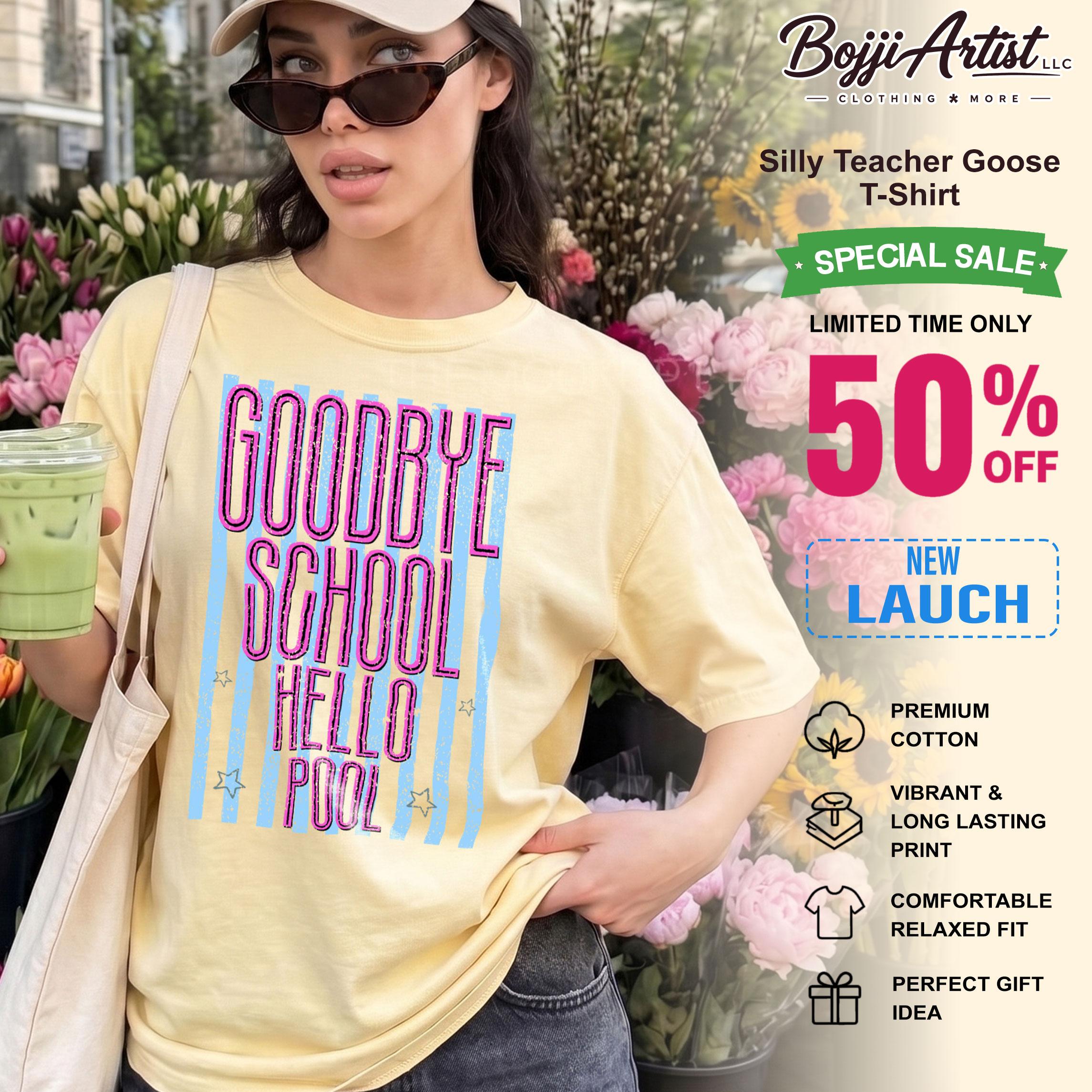 Bojjiartist Goodbye School Hello Pool Summer T-Shirt – Vibrant Y2k Retro Striped Graphic Tee, Funny Teacher Summer Club Aesthetic Top, Last Day Of School Graduation Apparel