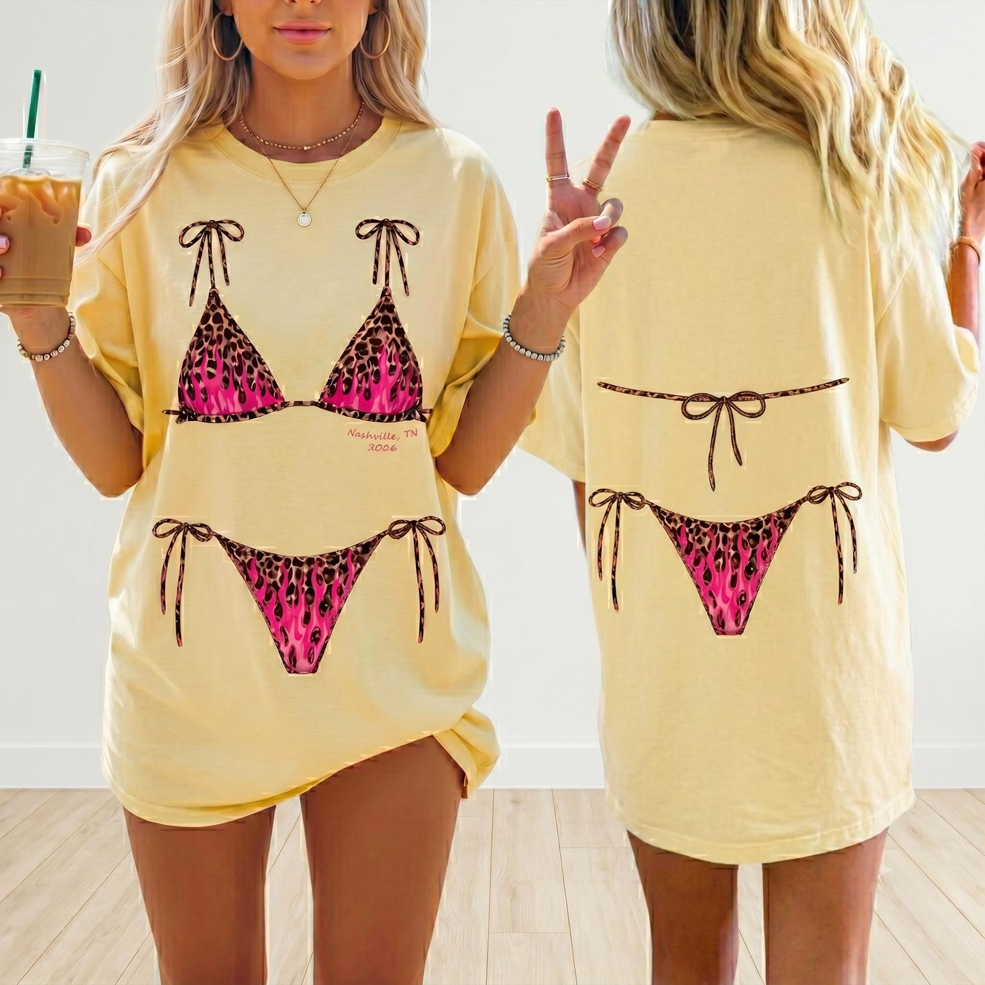 Custom Leopard Bikini T-Shirt Nashville Bach Party Matching Outfits Funny Oversized Bride Tribe Tee Bridesmaid Gifts Trendy Summer Beach Cover Up Shirt Trendy Custom Leopard Print Bikini Graphic T-Shirt Nashville Girls Trip Bach Party Outfit