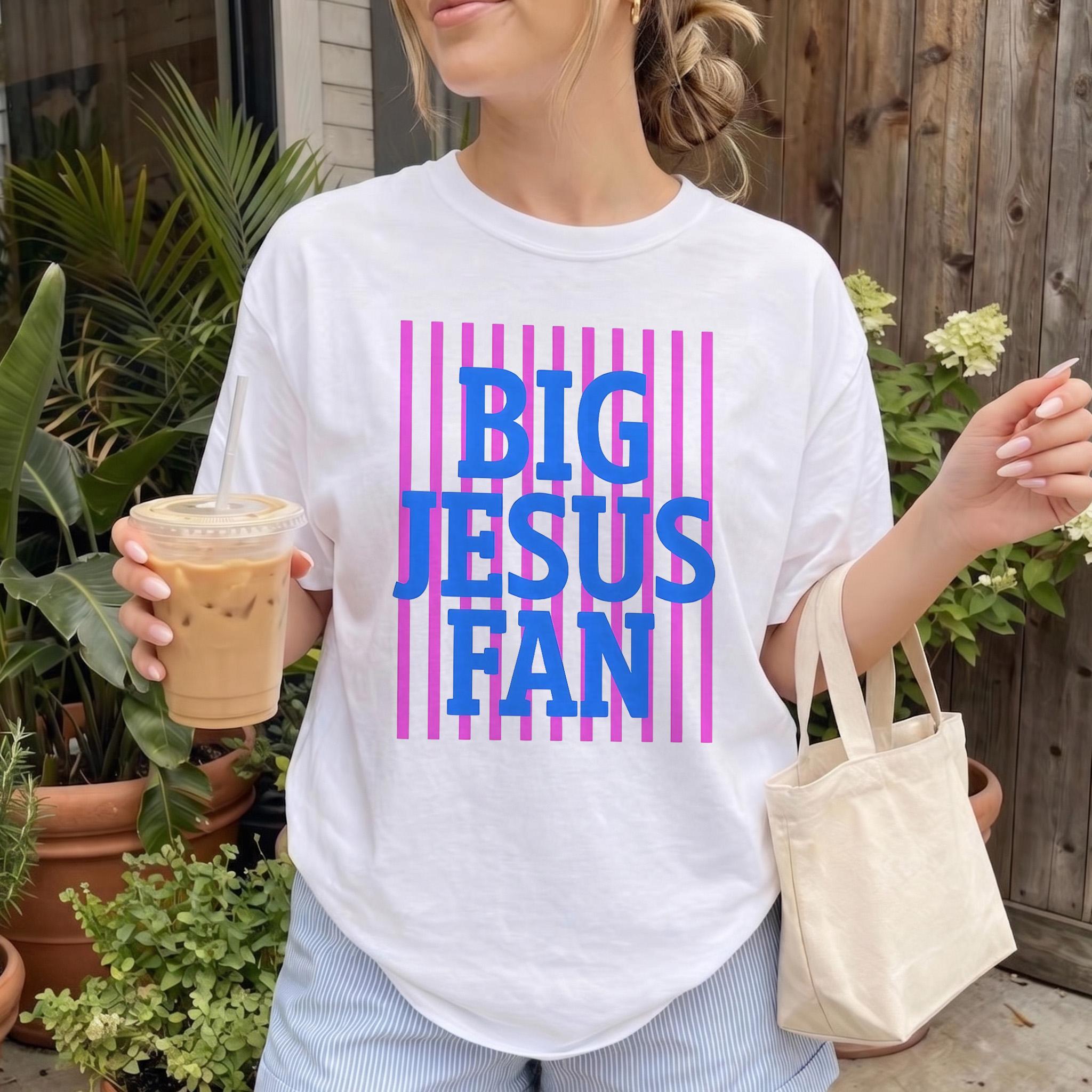Big Jesus Fan Graphic Tee Short Sleeve T-Shirt For Women Preppy Y2k Retro Christian Faith Based Trendy Aesthetic White Cotton Blend Casual Summer Top Apparel With Pink Stripes And Blue Letter Print Religious Christian Shirt
