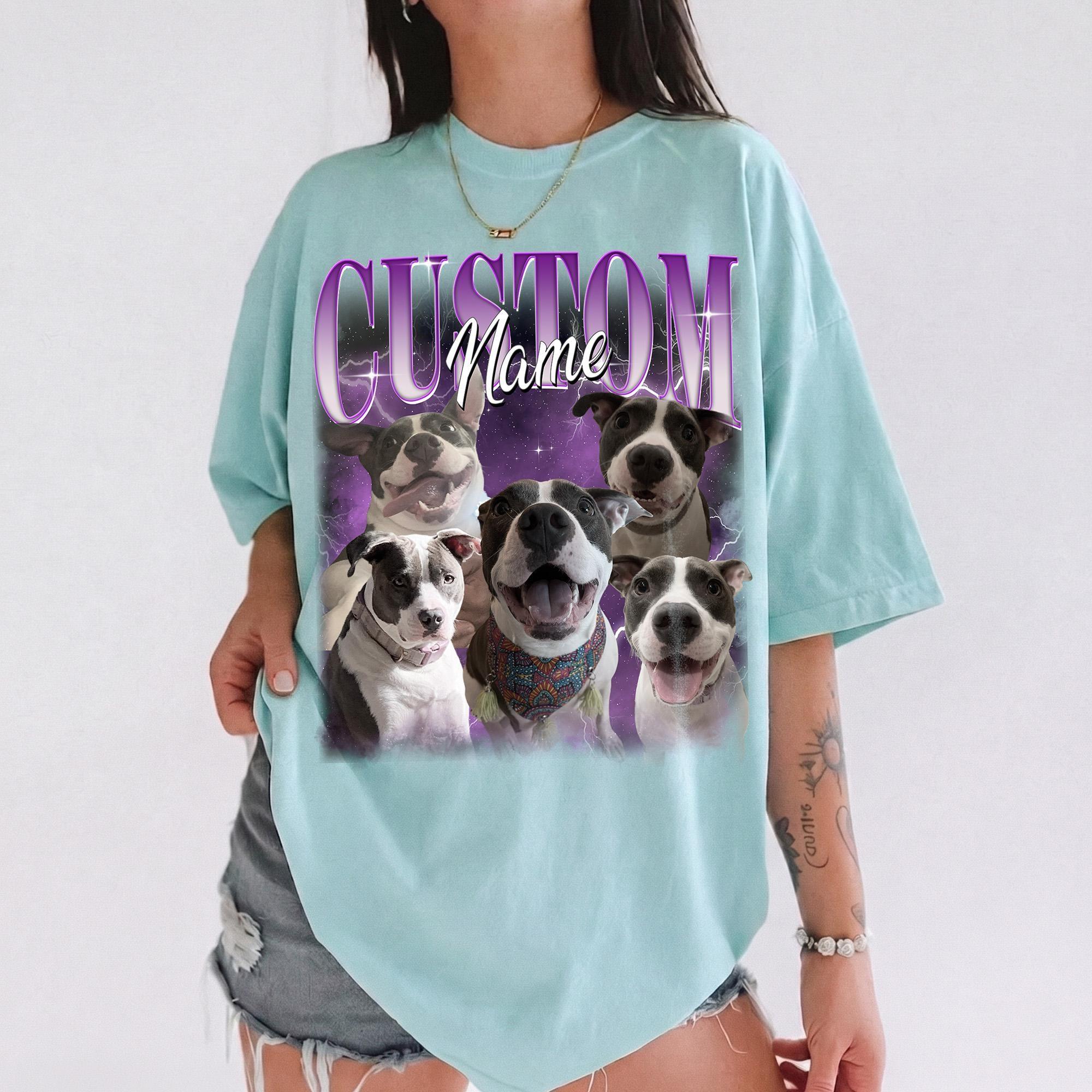 Custom Pet Portrait Dog Graphic T-Shirt Short Sleeve Tee Unisex Men Women 90s Vintage Retro Bootleg Y2k Aesthetic Personalized Streetwear Light Baby Blue Cotton Vintage Bootleg Rap Tee Pet Lover Gift Pitbull Graphic Shirt