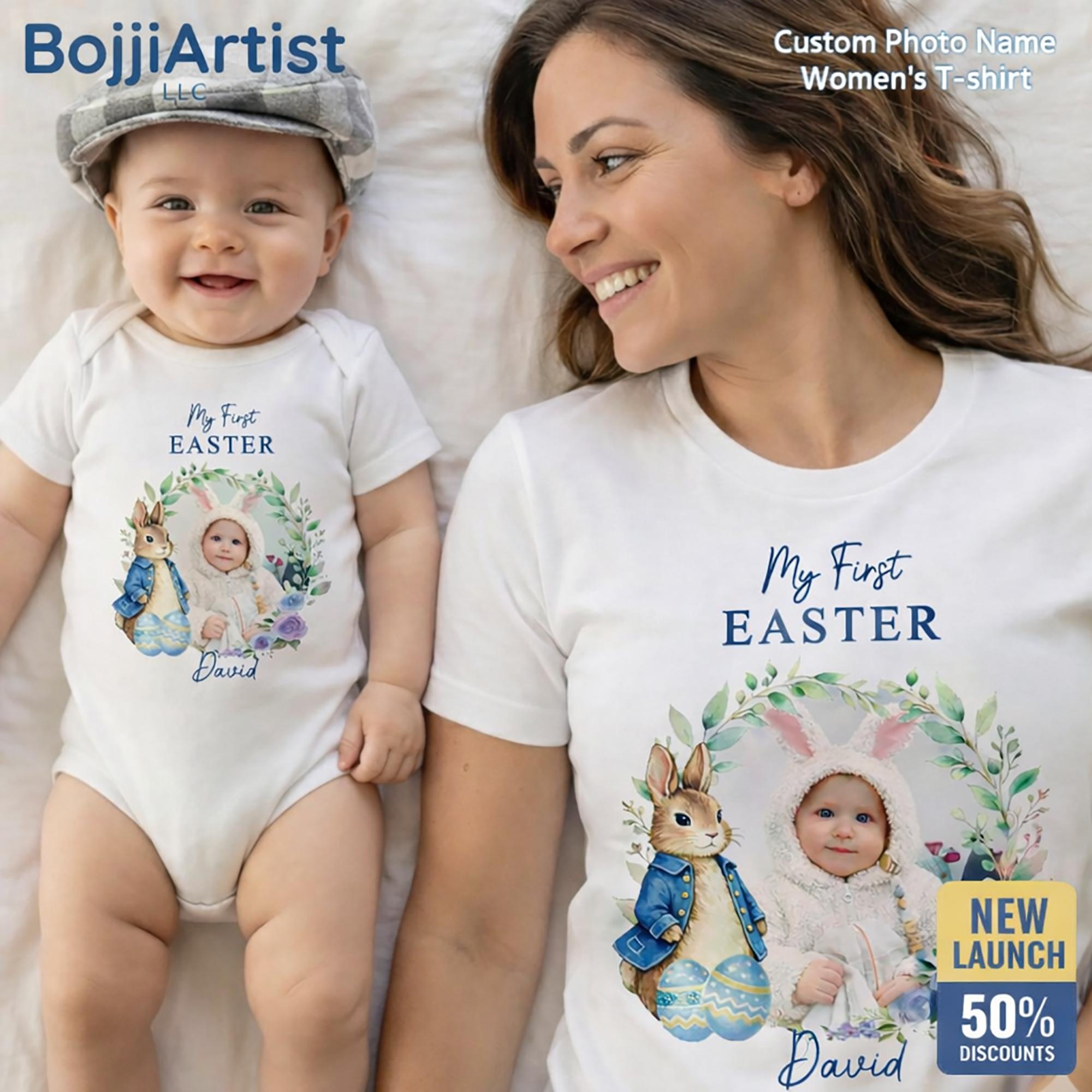 [Flash Deals] Bojjiartist Personalized My First Easter Baby Onesie - Custom Photo Name Women'S T-Shirt, Cute Peter Rabbit Bodysuit, Family Matching Easter Tee, Please Send Photo And Name.