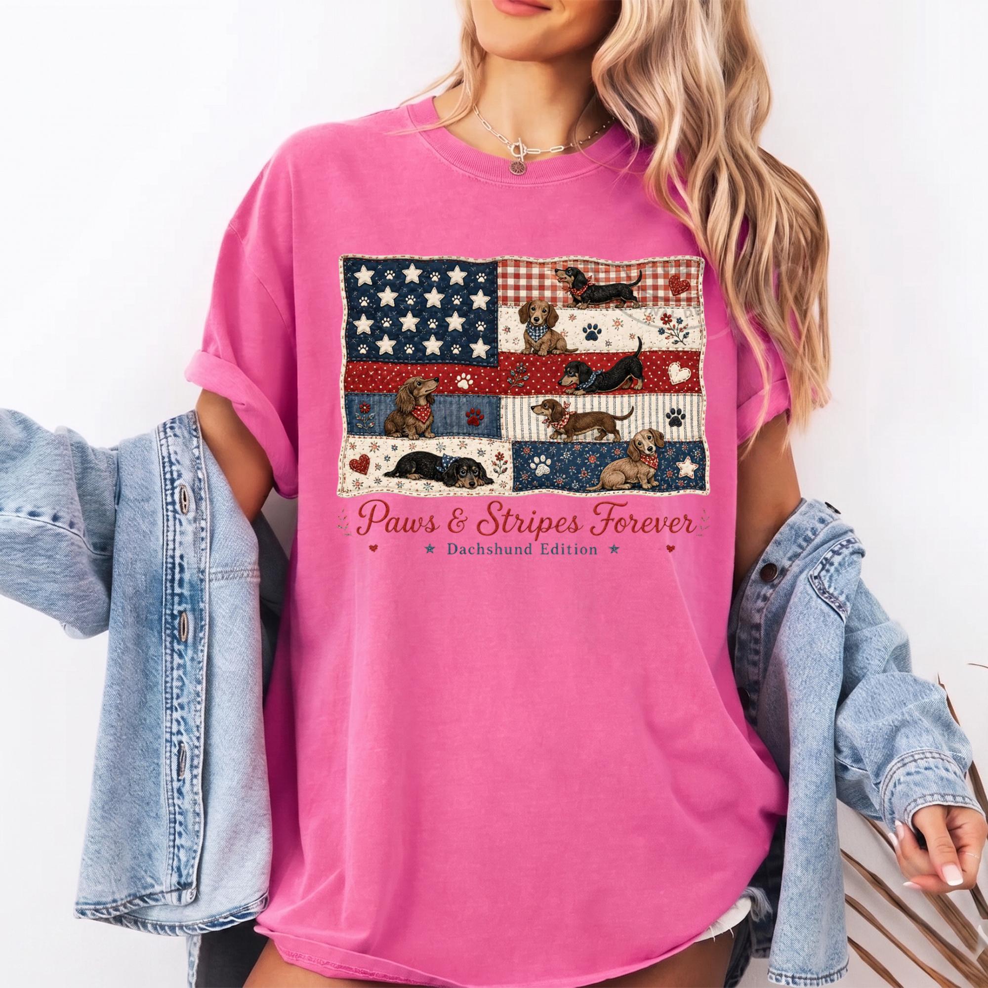Paws And Stripes Forever Dachshund Edition Graphic T-Shirt For Women And Dog Moms Patriotic Americana Preppy Aesthetic Cream Cotton Tee 4th Of July Usa American Flag Wiener Dog Independence Day Summer Humor Gift Shirt