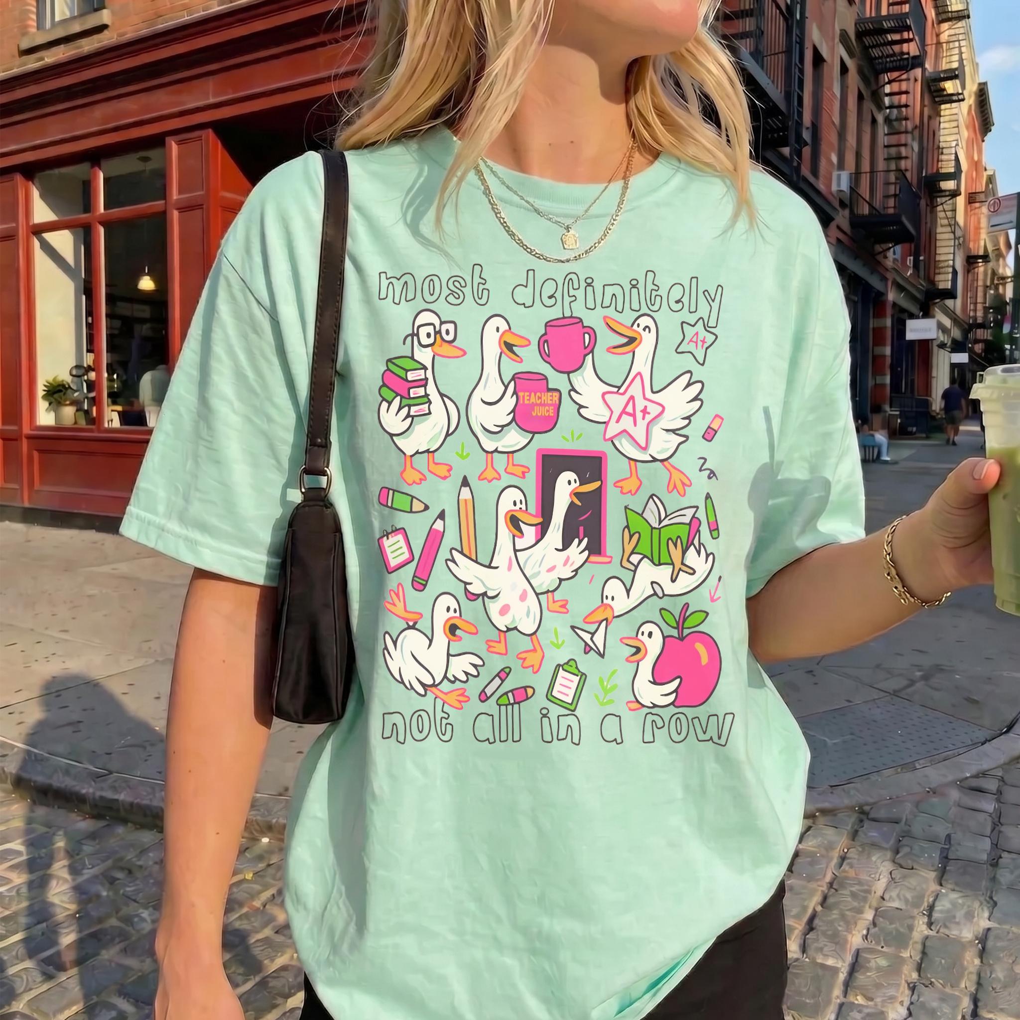 Women'S Cotton Short-Sleeve Fleece Wrap Round Neck Vintage Graphic T-Shirt - Casual Top, "Most Definitely Not All In A Row" Chaotic Ducks Print, Preppy Quirky Aesthetic, Streetwear Ribbed Fabric, Kangaroo Pocket, Back To School Educator Gift