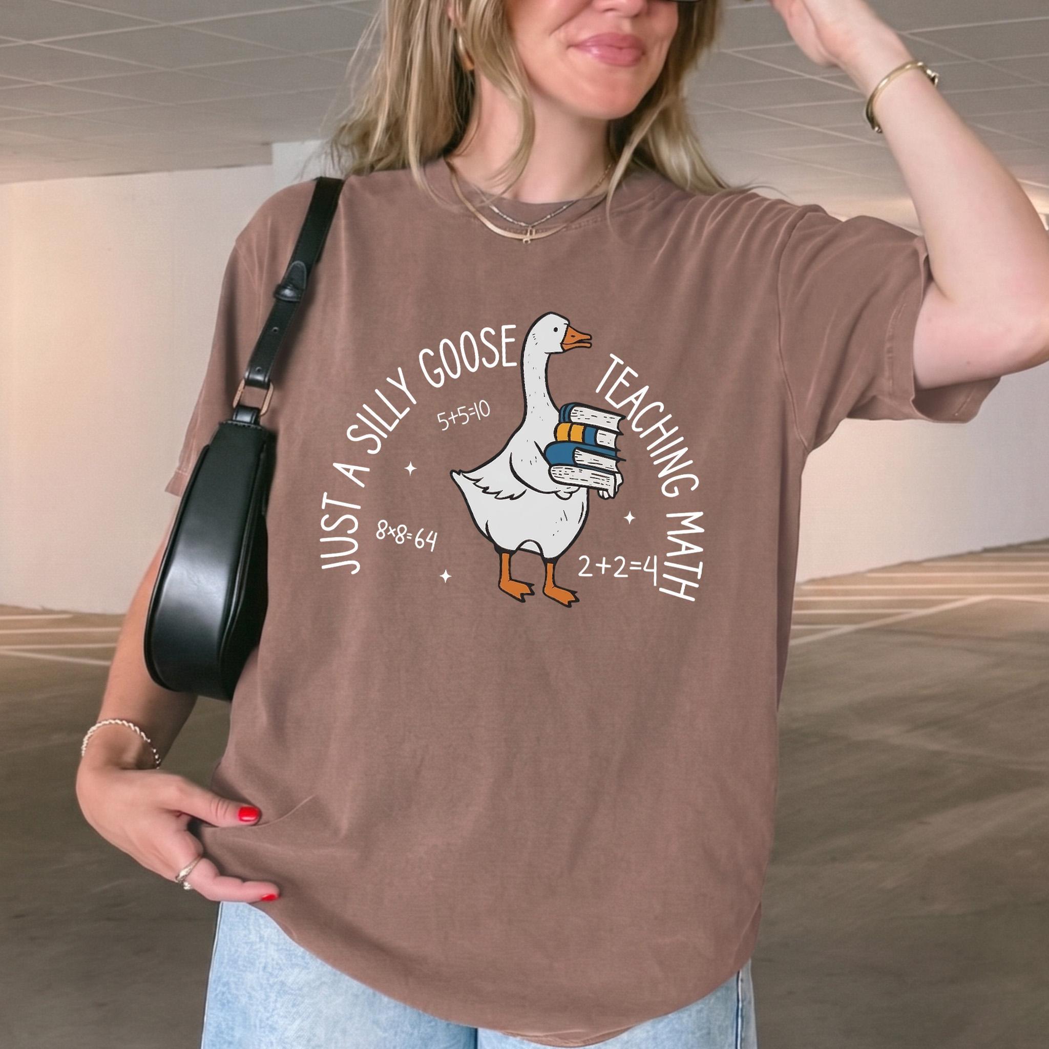 Women'S Oversized Ribbed Brown Cotton Fabric Graphic T-Shirt - Just A Silly Goose Math Design, Streetwear Preppy Casual Aesthetic, Kangaroo Pocket, Matching Back To School Apparel For Math Teachers