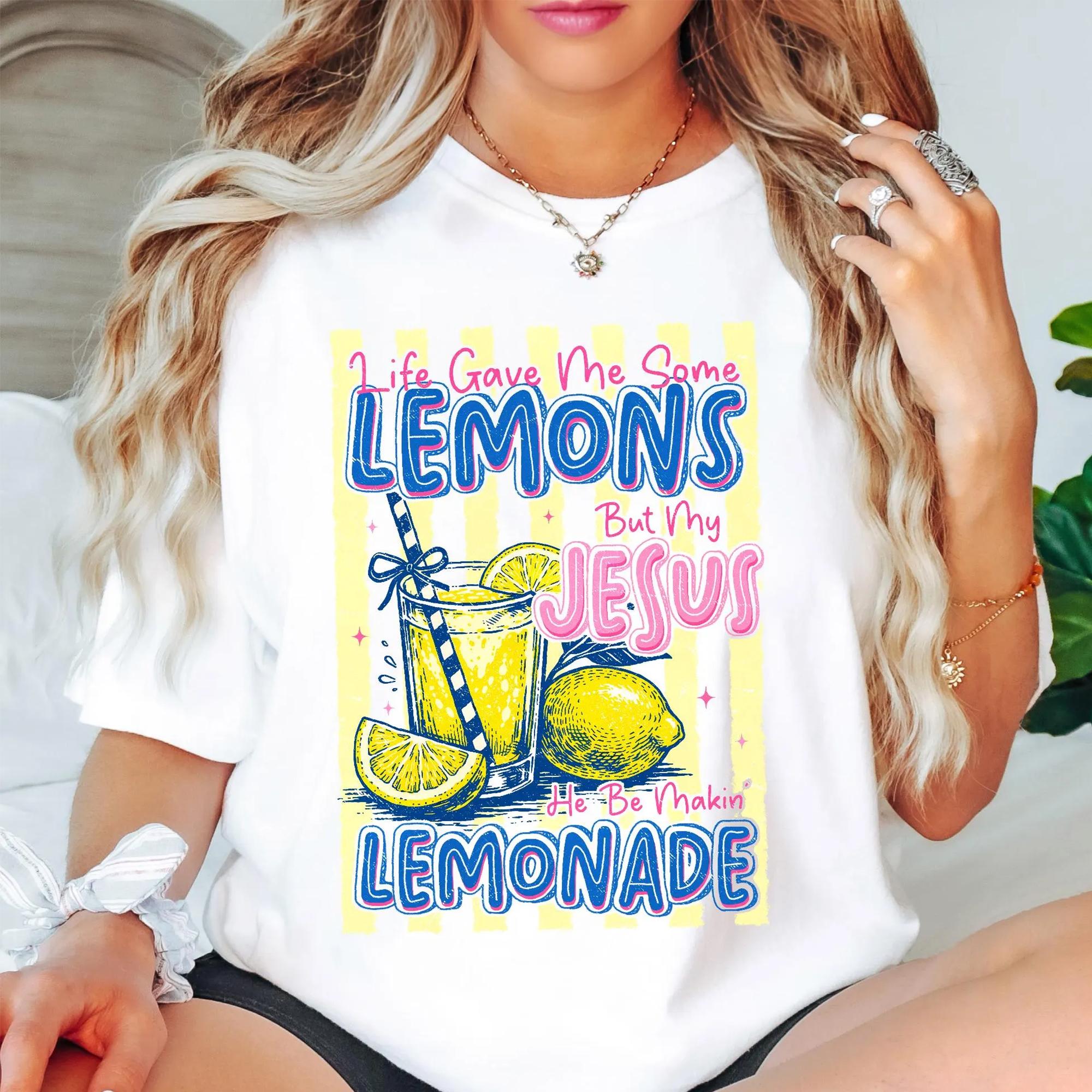 Women'S Funny Jesus Lemonade Graphic T-Shirt - Unisex Vintage Preppy Retro Cotton Fabric Ribbed Fit Summer Christian Inspirational Faith Apparel, Matching Church Camp Gift Tee
