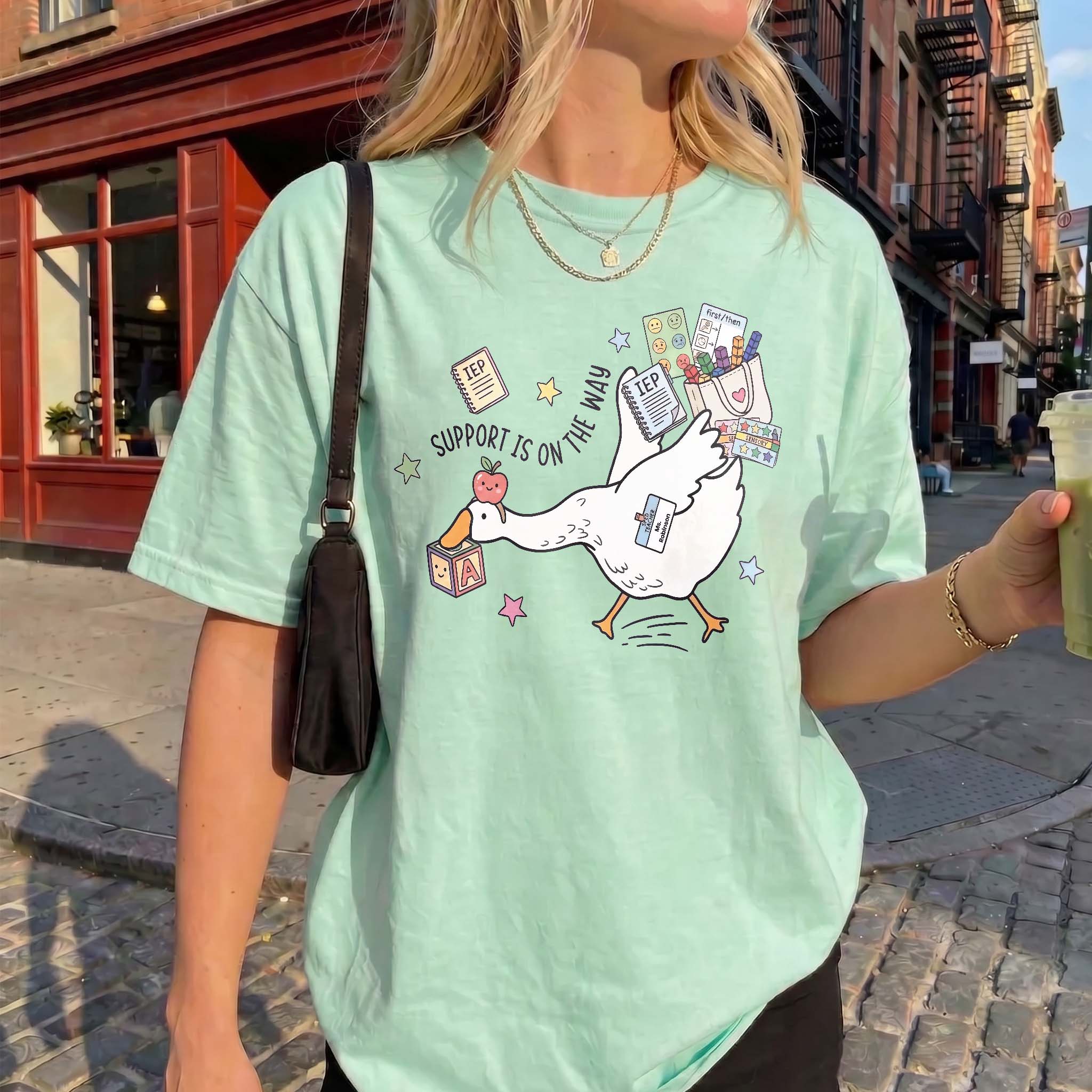 Women'S Special Education Teacher Graphic T-Shirt - Breathable Mint Green Cotton Blend Round Neck Style Top, Oversized Preppy Casual Apparel For Sped Educators, Back To School Funny Goose Print, Tshirt