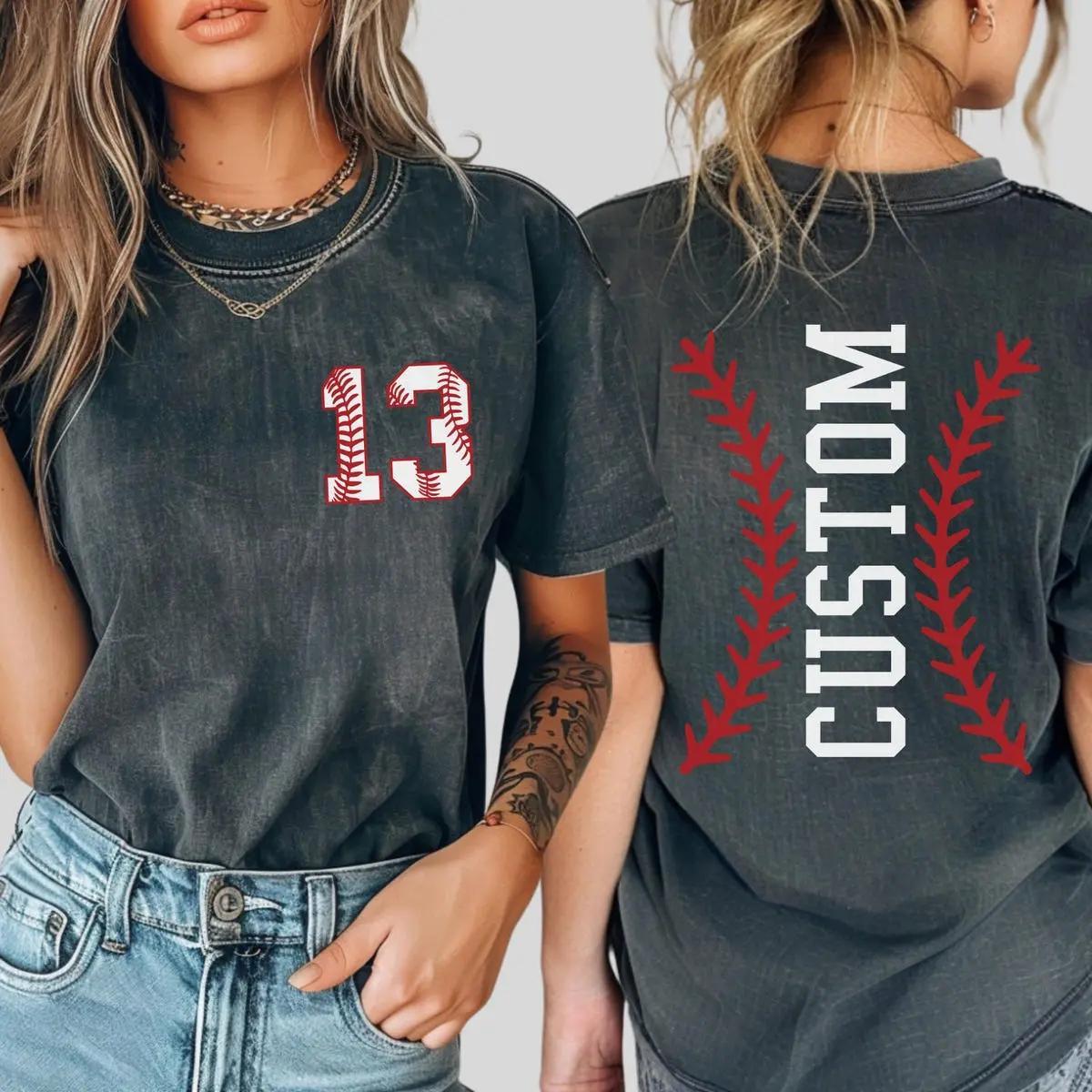 Women'S Custom Vintage Acid Wash Charcoal Gray Fleece Ribbed Baseball Mom Graphic T-Shirt - Kangaroo Garment, Personalized Team Number Front, Custom Word Back Print, Distressed Cotton, Matching Game Day Casual Streetwear Tee