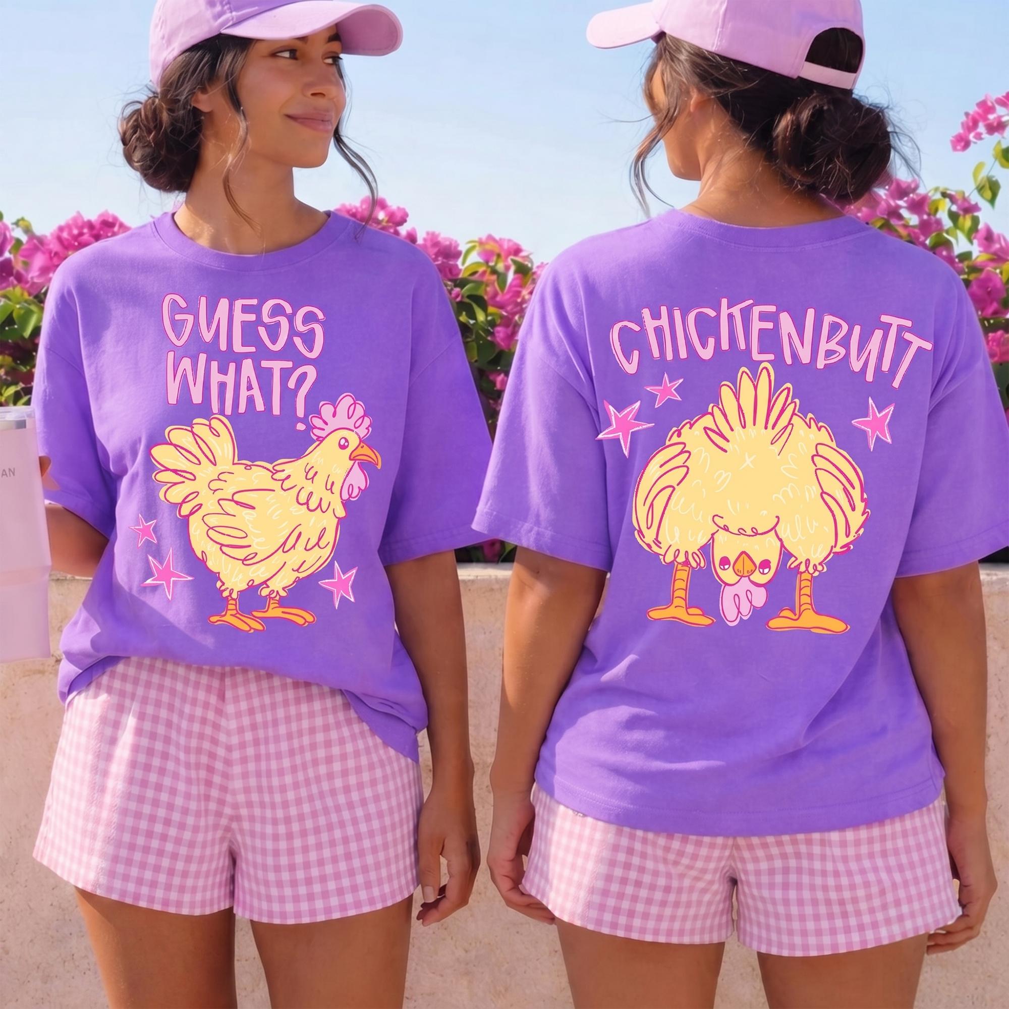 Guess What Chicken Butt Shirt Funny Meme Graphic Short Sleeve T-Shirt For Women And Men Unisex Cute Retro Preppy Y2k Aesthetic Novelty White Cotton Blend Top Front And Back Print Summer Joke Humorous Animal Tee Casual Everyday Wear