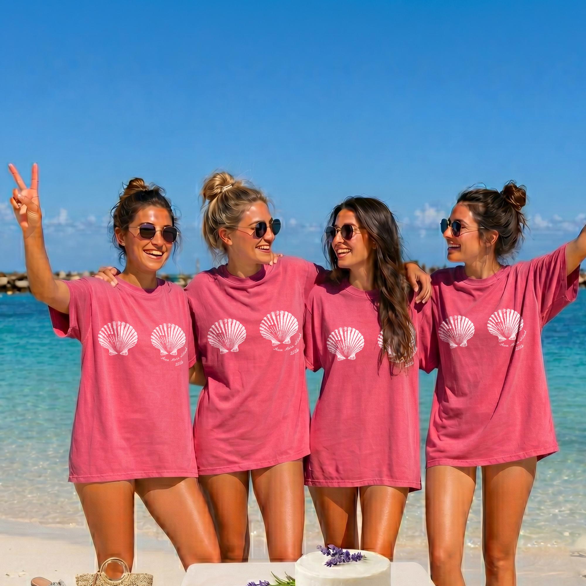 Customizable Text Seashell Mermaid Bra Graphic Oversized T-Shirt Women'S Coastal Beachy Mermaidcore Preppy Summer Vacation Dusty Blue Cotton Personalized Bachelorette Party Girls Trip Retro Y2k Graphic Tee Shirt Top