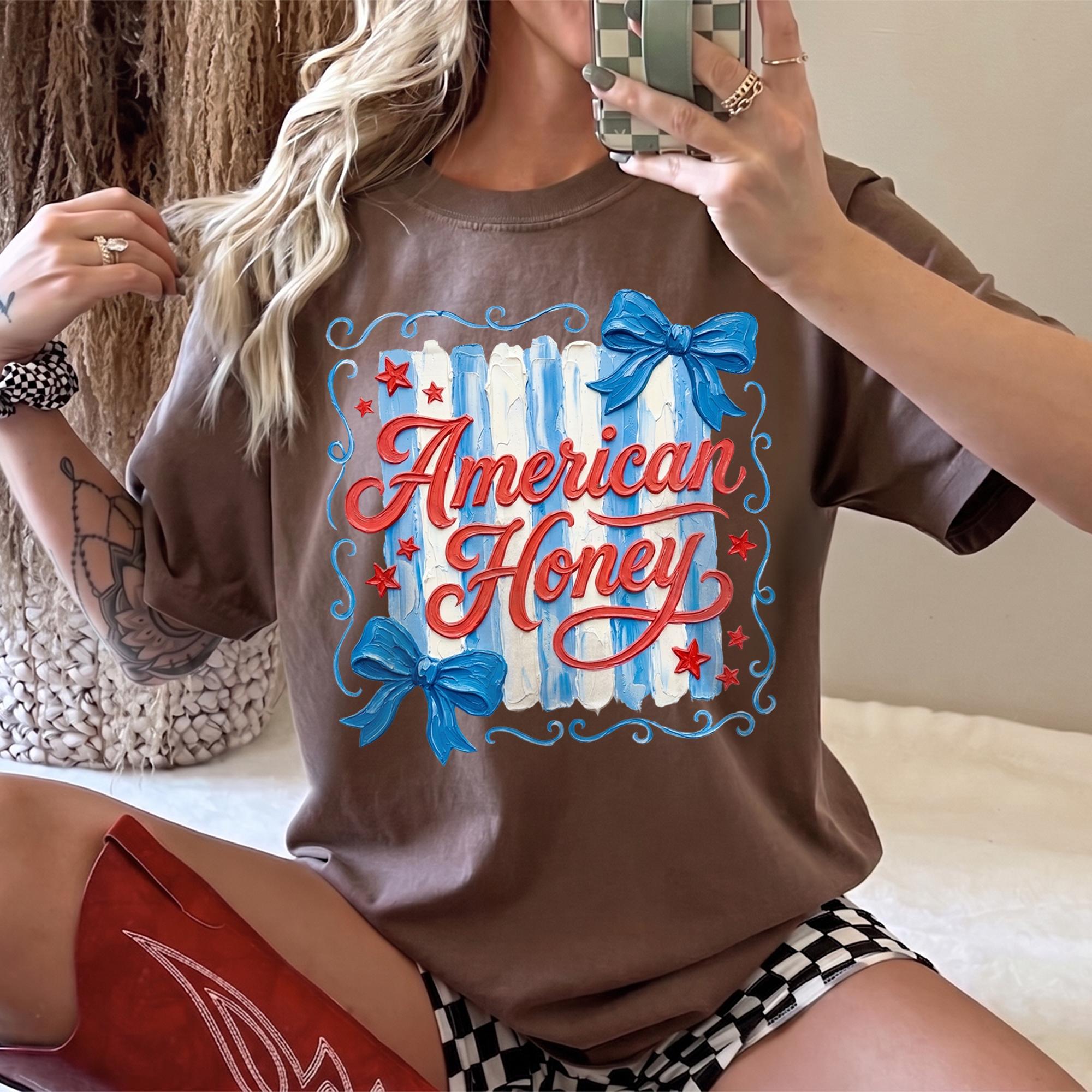 Womens American Honey Bow Stripes Patriotic 4th Of July T-Shirt Coquette Western Retro Preppy Style Dusty Blue Washed Cotton Usa 250th Anniversary Independence Day America 250 Stars And Stripes Summer Holiday Tee