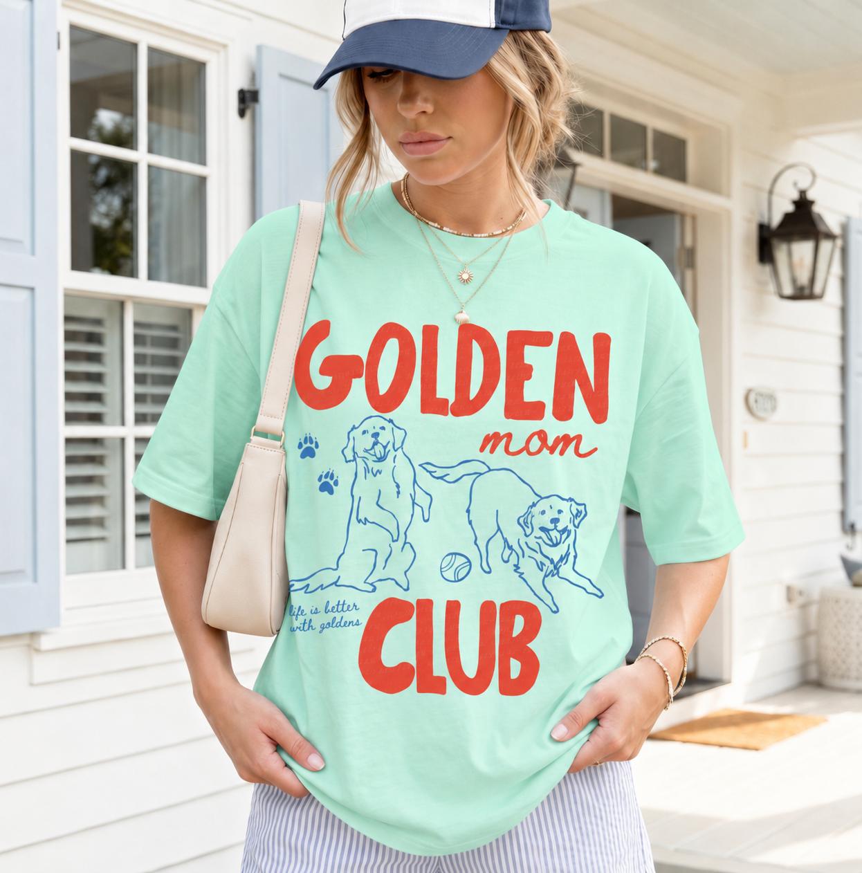 Golden Mom Club Shirt Oversized Graphic T-Shirt For Dog Moms Preppy Casual Aesthetic Mint Green Cotton Crewneck Golden Retriever Retro Pet Parent Gift Mother'S Day Tee Life Is Better With Goldens Vintage Boho Tops