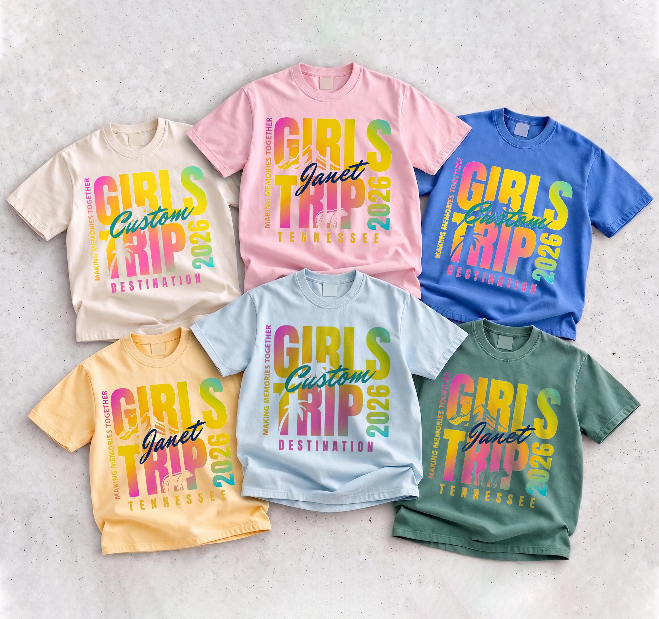 Custom Girls Trip 2026 Shirt Oversized Graphic T-Shirt Women Girls Group Tropical Beach Summer Vacay Retro Preppy Personalized Girl Vacation Weekend Matching T-Shirts Vacay Mode Tees Girl Gang Group T-Shirts Gift