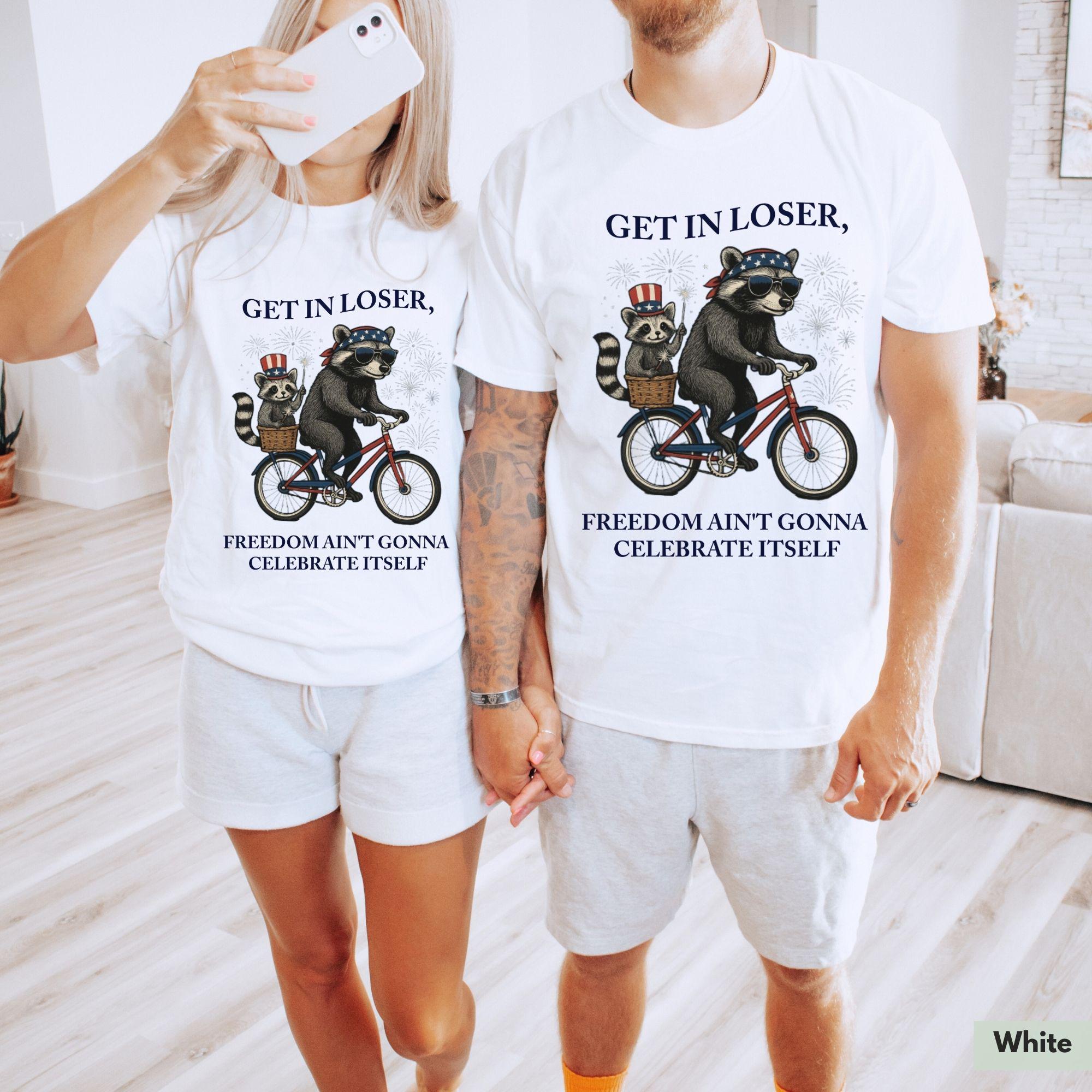 Get In Loser Funny Raccoon Graphic Tee For Women Retro Vintage Feral Patriotic Graphic Shirt Crimson Cotton 4th Of July 250th Independence Day Anniversary Trash Panda Meme Festival Outfit Summer Top Casual Holiday Apparel