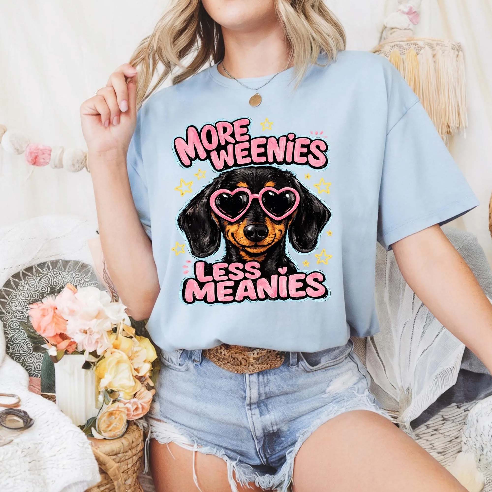 More Weenies Less Meanies T-Shirt Unisex Retro Cute Funny Yellow Cotton Top Funny Dachshund Lover Gift Cute Wiener Dog Graphic Tee Pet Mom Shirt Pink Heart Sunglasses Dog Apparel Trendy Y2k Aesthetic Clothing Gift