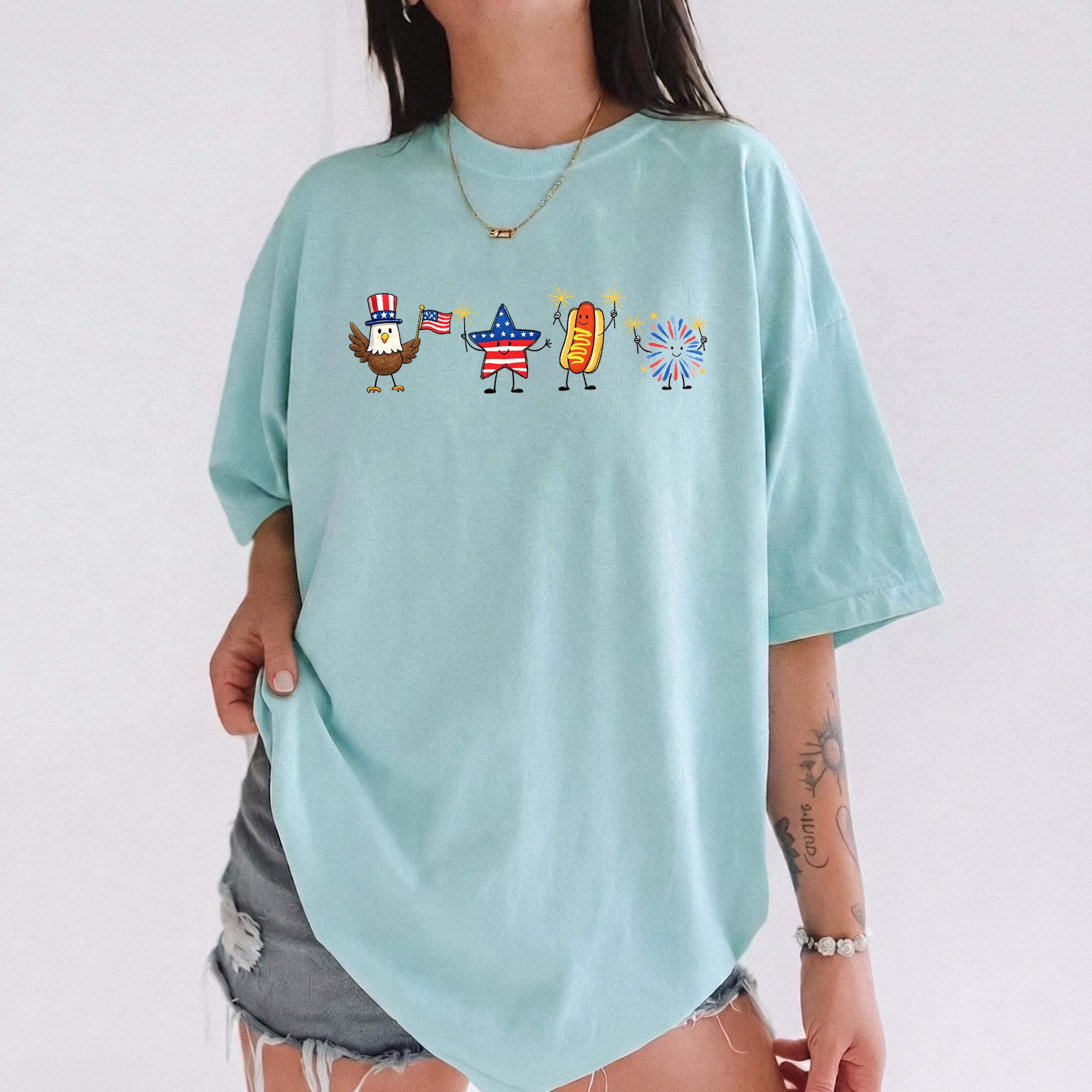 Cute 4th Of July Patriotic Graphic T-Shirt For Women Oversized Loose Tee Preppy Retro Aesthetic Funny America Shirt Eagle Star Hotdog Firework Independence Day Summer Party Festival Holiday Gift