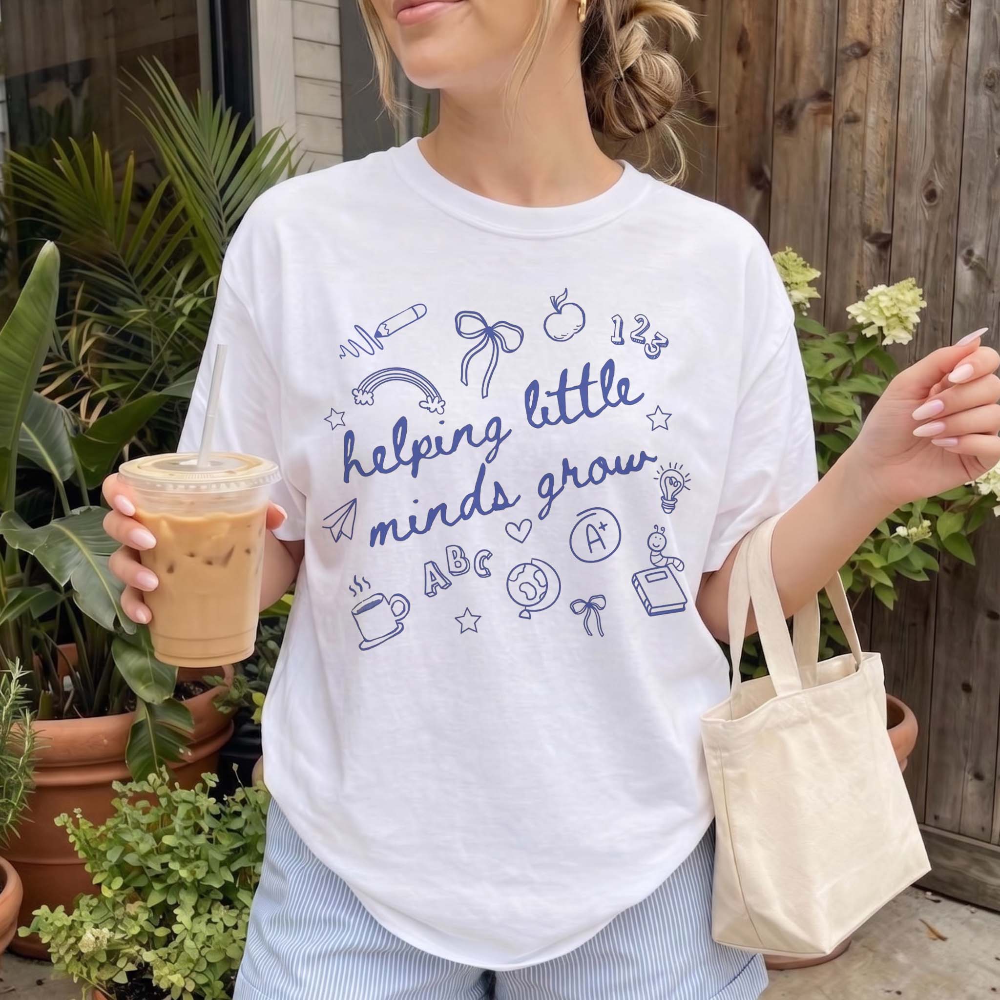 Helping Little Minds Grow Graphic T-Shirt For Women Teachers Preppy Coquette Teacher Aesthetic White Cotton Blend Top Back To School Kindergarten Educator Casual Apparel Daycare Preschool Cute Doodle Design Tee Shirt