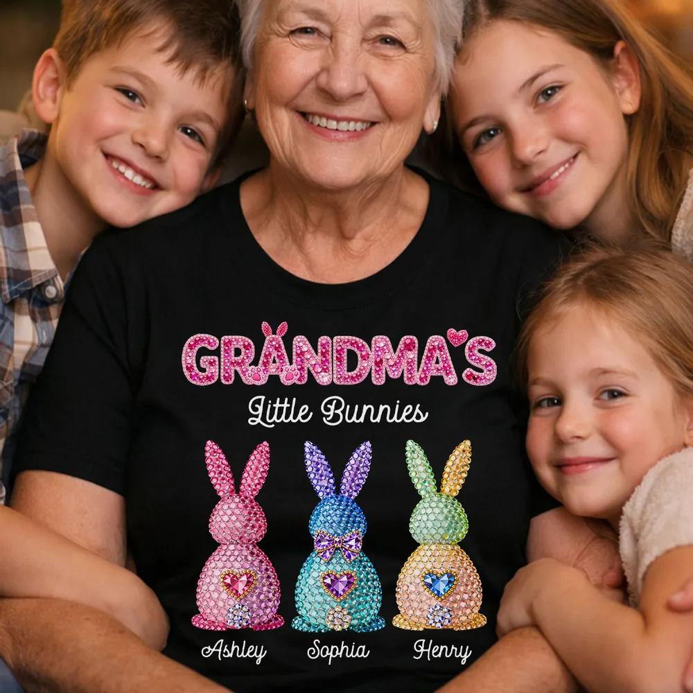 Grandma'S Little Bunnies Personalized Sweatshirt, Custom Grandkids Name Easter Top, Sparkly Rhinestone Bunny Graphic Pullover, Aesthetic Nana Gift, Personalized Family Easter Shirt