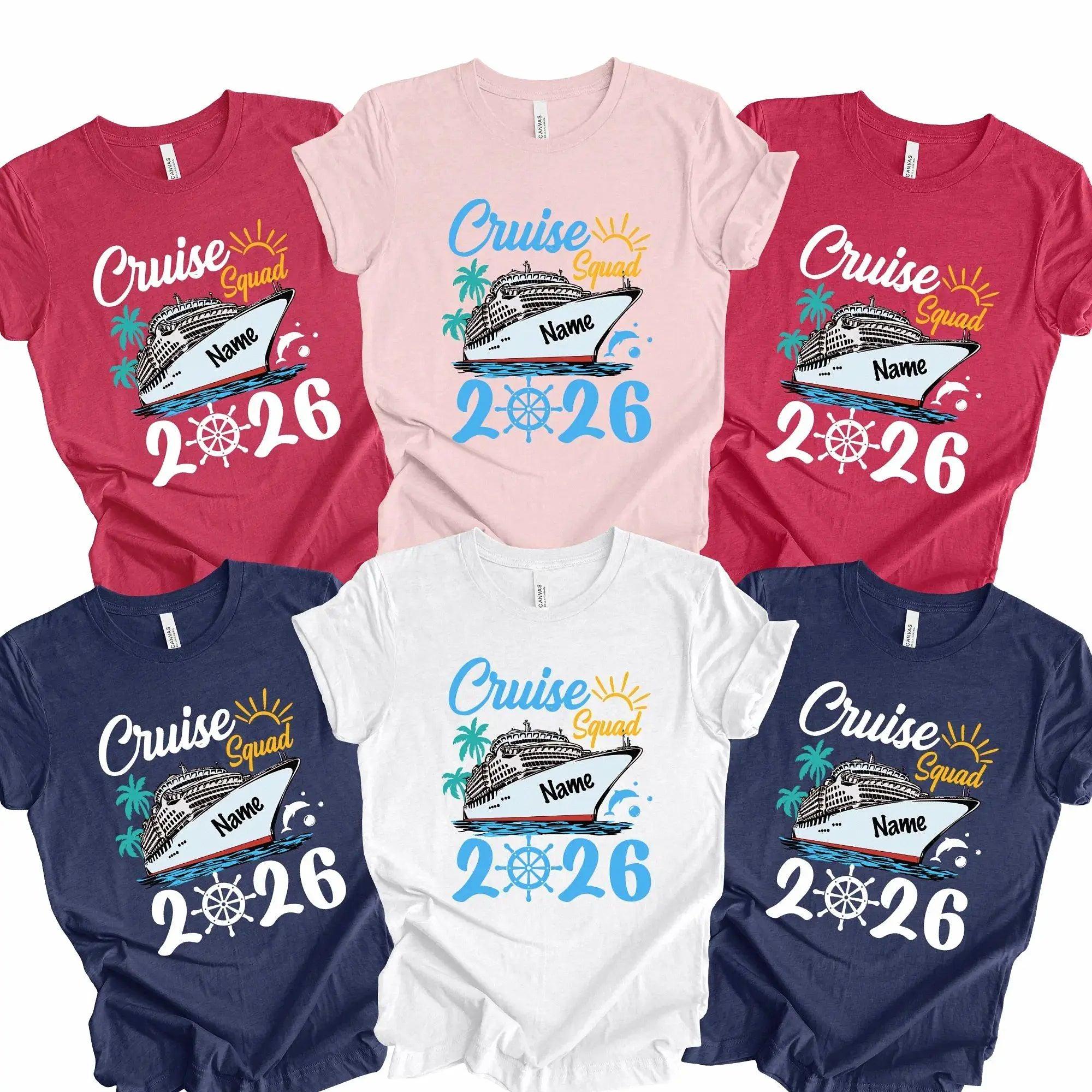 Custom Cruise Squad 2026 Family Matching T-Shirts Vacation Group Cotton Tees Tropical Nautical Aesthetic Red Pink Navy White Personalized Holiday Apparel Ship Wheel Ocean Getaway Souvenir Shirts For Men Women Kids