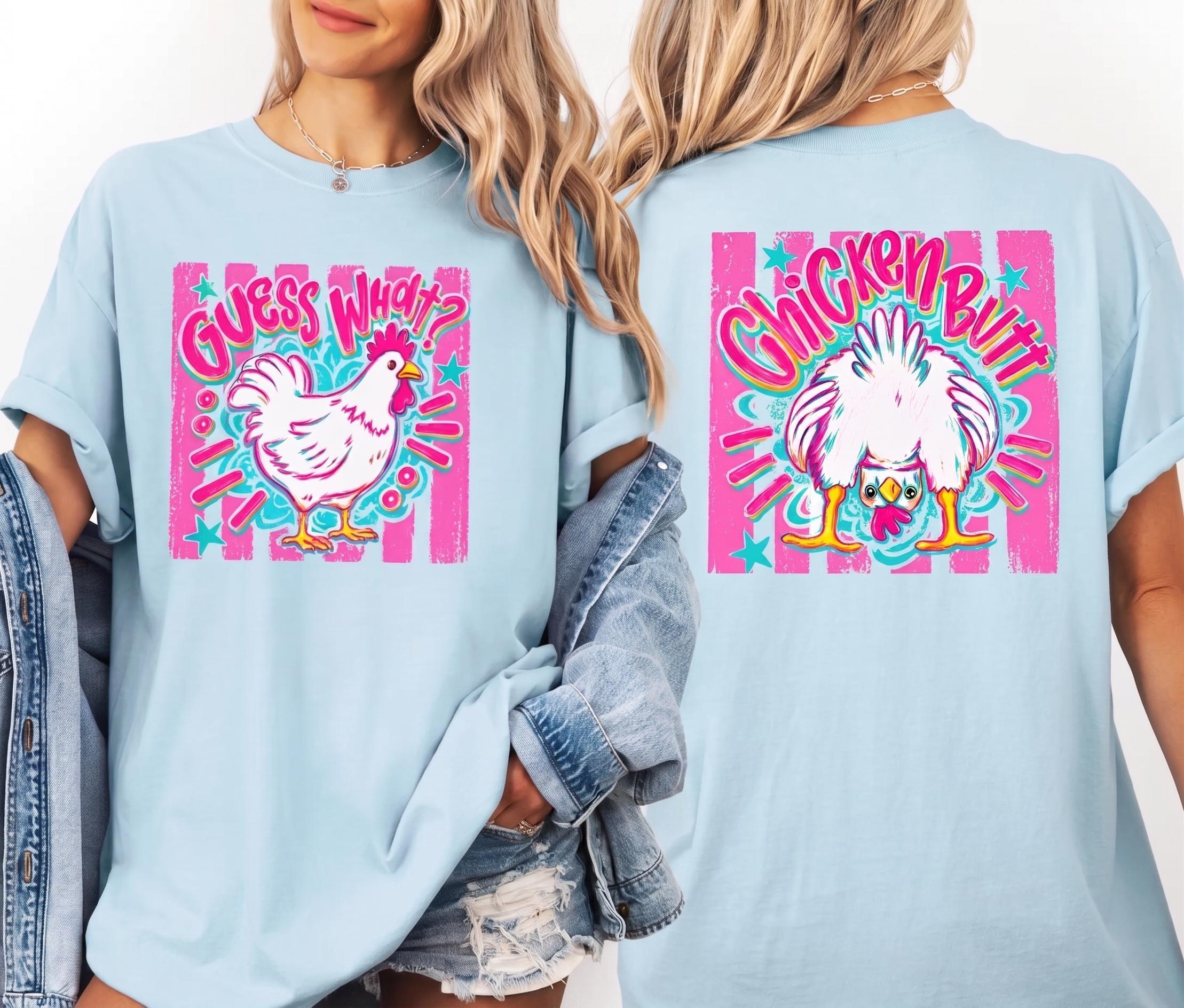 Guess What Chicken Butt Graphic T-Shirt For Women Funny Retro Preppy Aesthetic Light Blue Cotton Oversized Tee Two Sided Front And Back Print Country Western Humor Novelty Summer Casual Trendy Joke Shirt Y2k Top