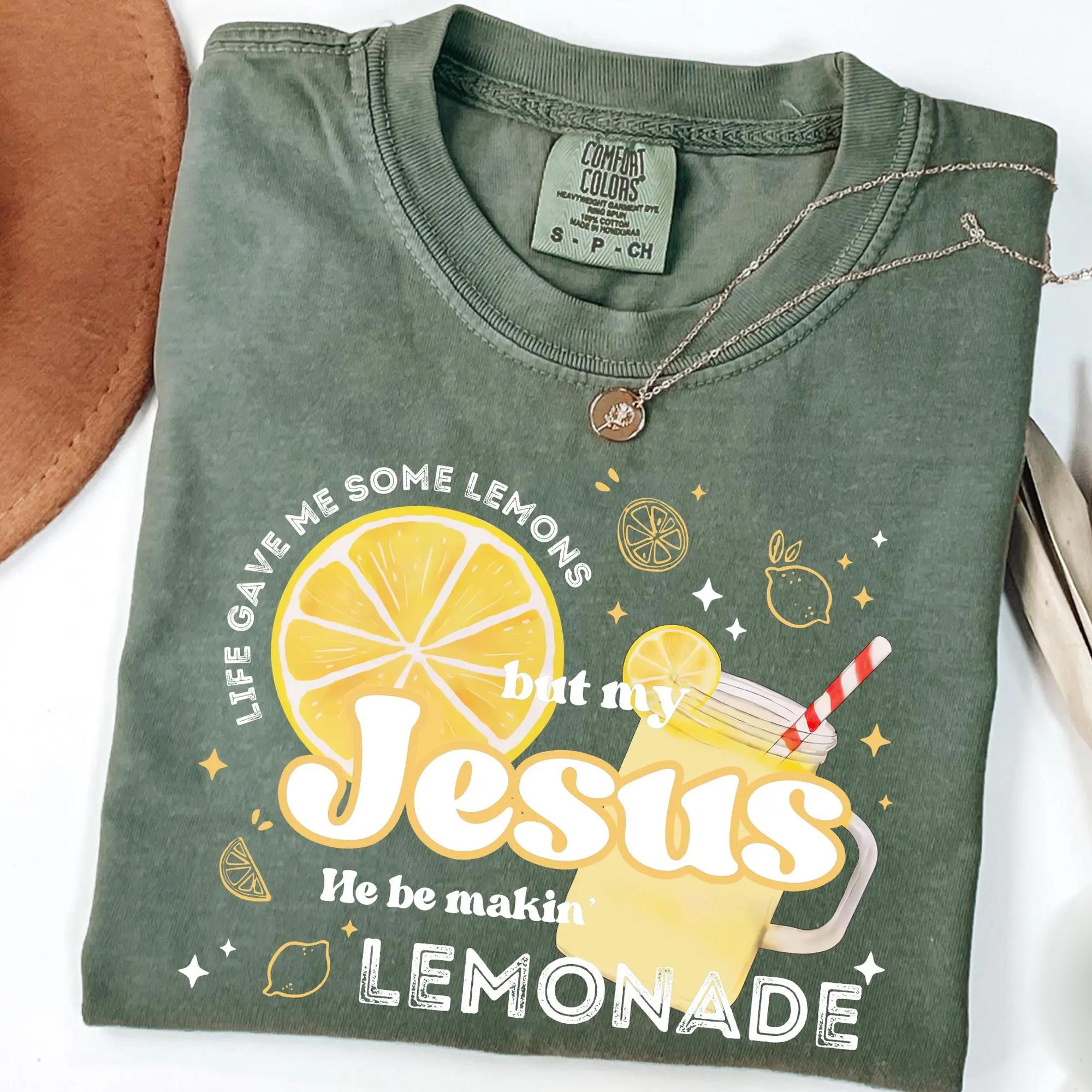 Women'S "Life Gave Me Lemons Jesus Makes Lemonade" Graphic T-Shirt - Casual Round Neck Soft Cotton Ribbed Short-Sleeve Christian Faith Apparel Piece, Retro Preppy Vintage Blue Streetwear Top, Summer Style Gift For Her