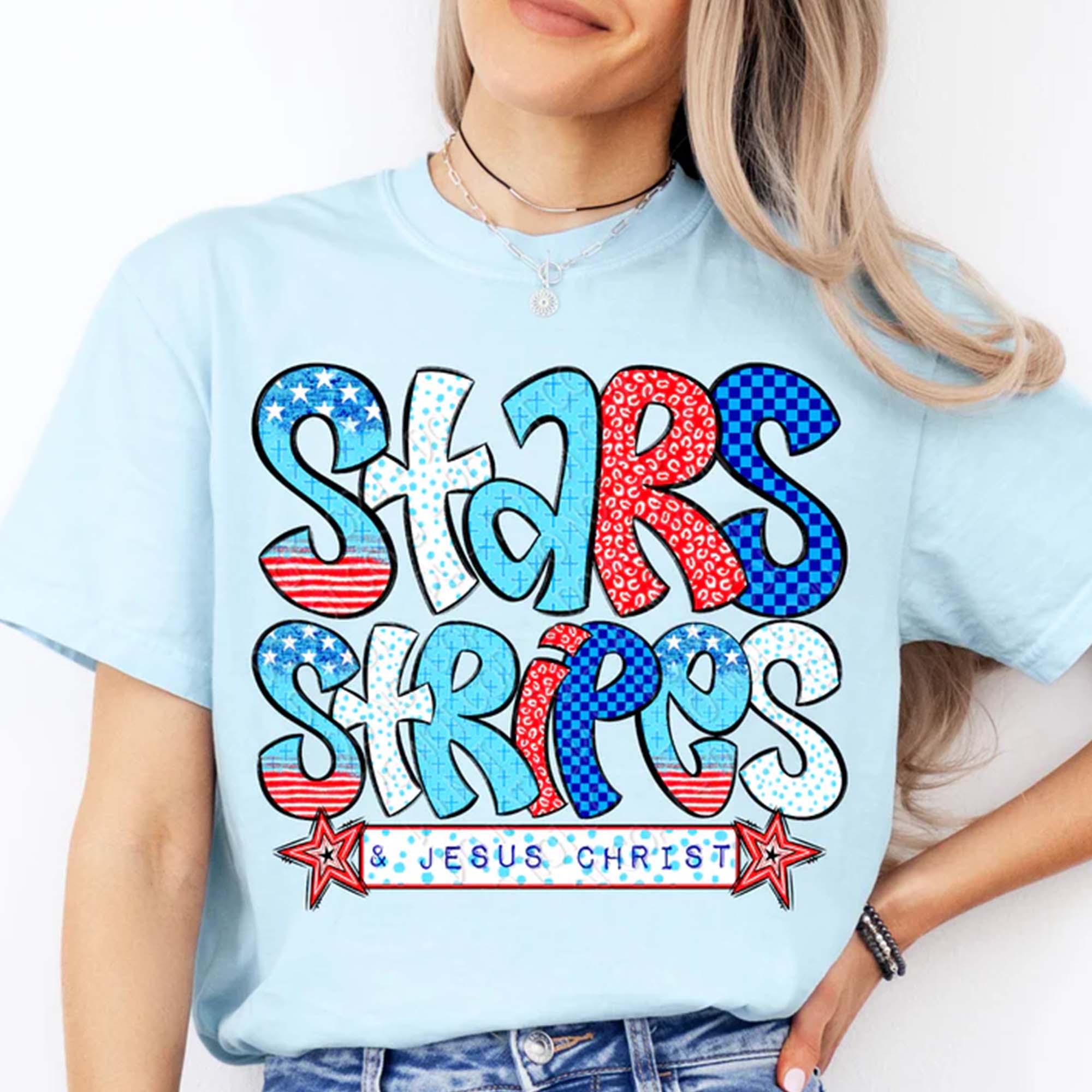 Stars Stripes And Jesus Christ Graphic T-Shirt For Women Preppy Retro Western Patriotic Christian Aesthetic White Cotton Tee Red White Blue Bubble Letters Leopard Checkerboard Print Fourth Of July Independence Day Top