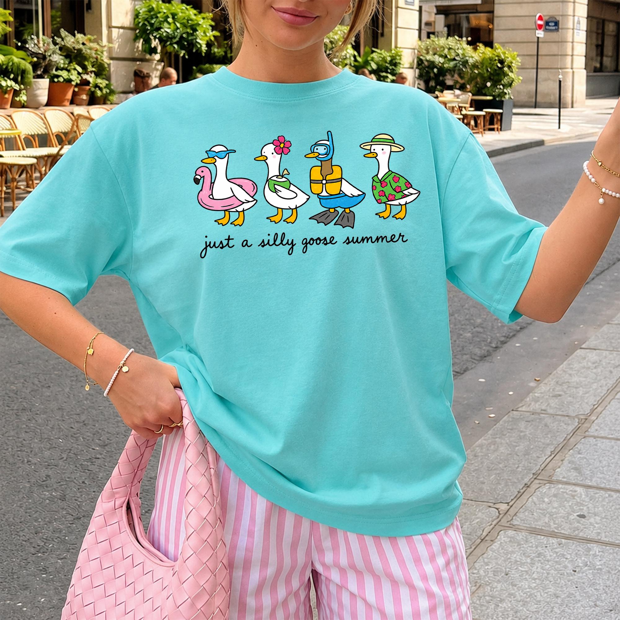 Just A Silly Goose Summer Graphic T-Shirt For Women, Lightweight Oversized Crew Neck Cotton Top, Preppy Y2k Aesthetic Casual Streetwear Outfits, White Viral Tiktok Fashion Animal Meme Vacation Tee Everyday Wear