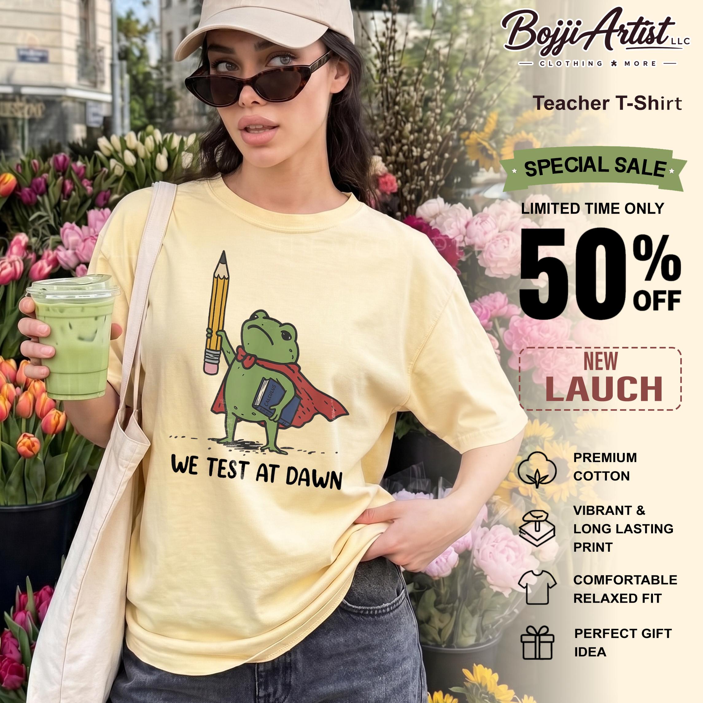 [Flash Deals] Bojjiartist We Test At Dawn Funny Teacher Frog Shirt, Test Day Outfit, Cute Frog Teacher T-Shirt, Sarcastic School Teacher Tee, Funny Calculus Test Shirt, Unique Academic Apparel