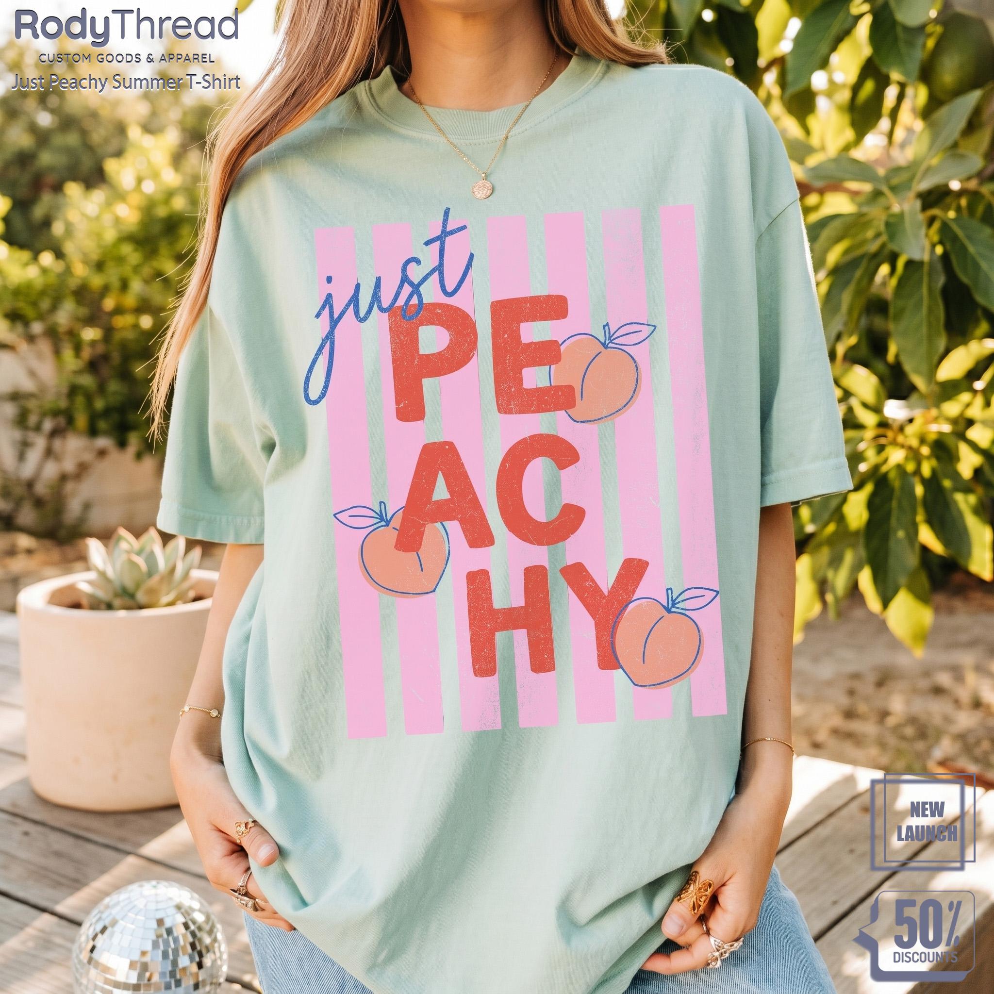 Women'S Ultra-Soft Ribbed Cotton Apparel Piece - Casual Round Neck T-Shirt, Vintage Just Peachy Tropical Fruit Graphic, Breathable Wrap Style, Flattering Fit Spring Gift For Her, Easy Matching Streetwear Beach Top