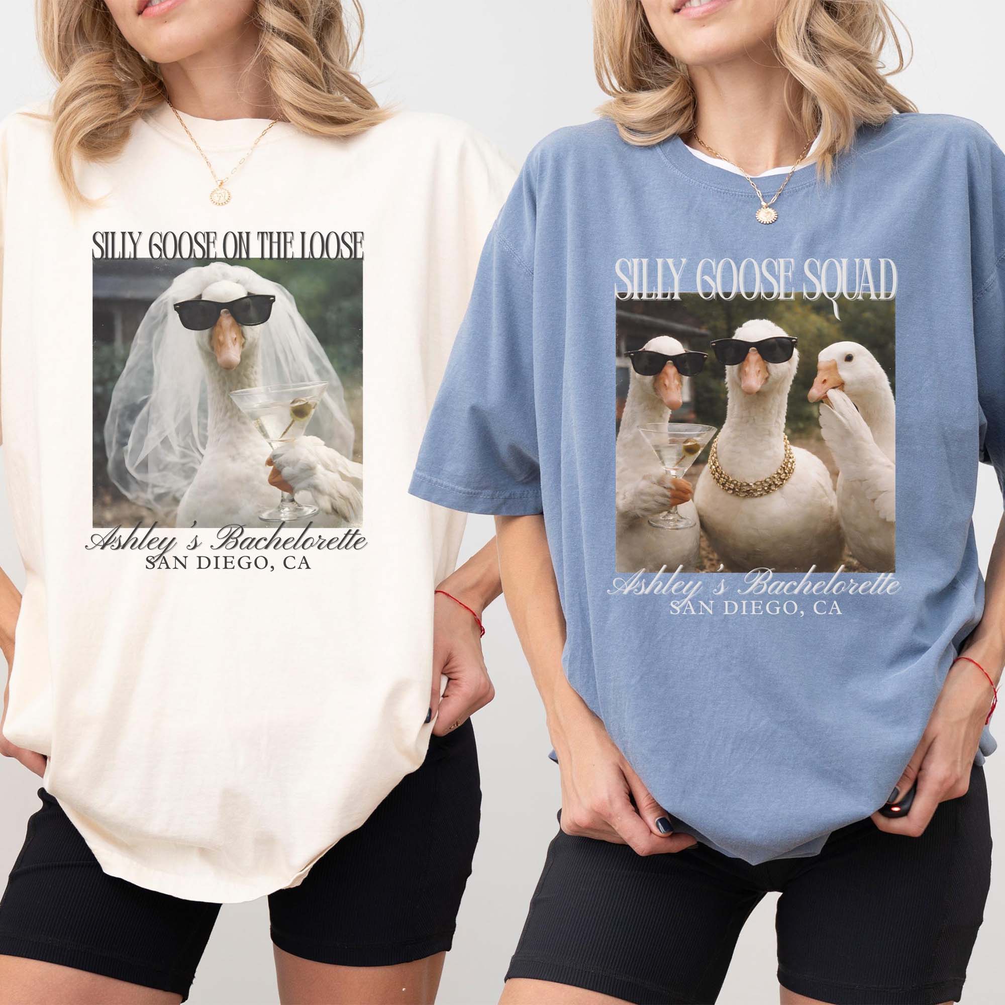Women'S Personalized Cream Cotton Blend Oversized Round Neck Lady Tshirt Clothes - Funny Silly Goose On The Loose, Custom Goose Squad, Bridesmaid Bach Tee, Retro Coquette, Custom Location, Photo Matching Top