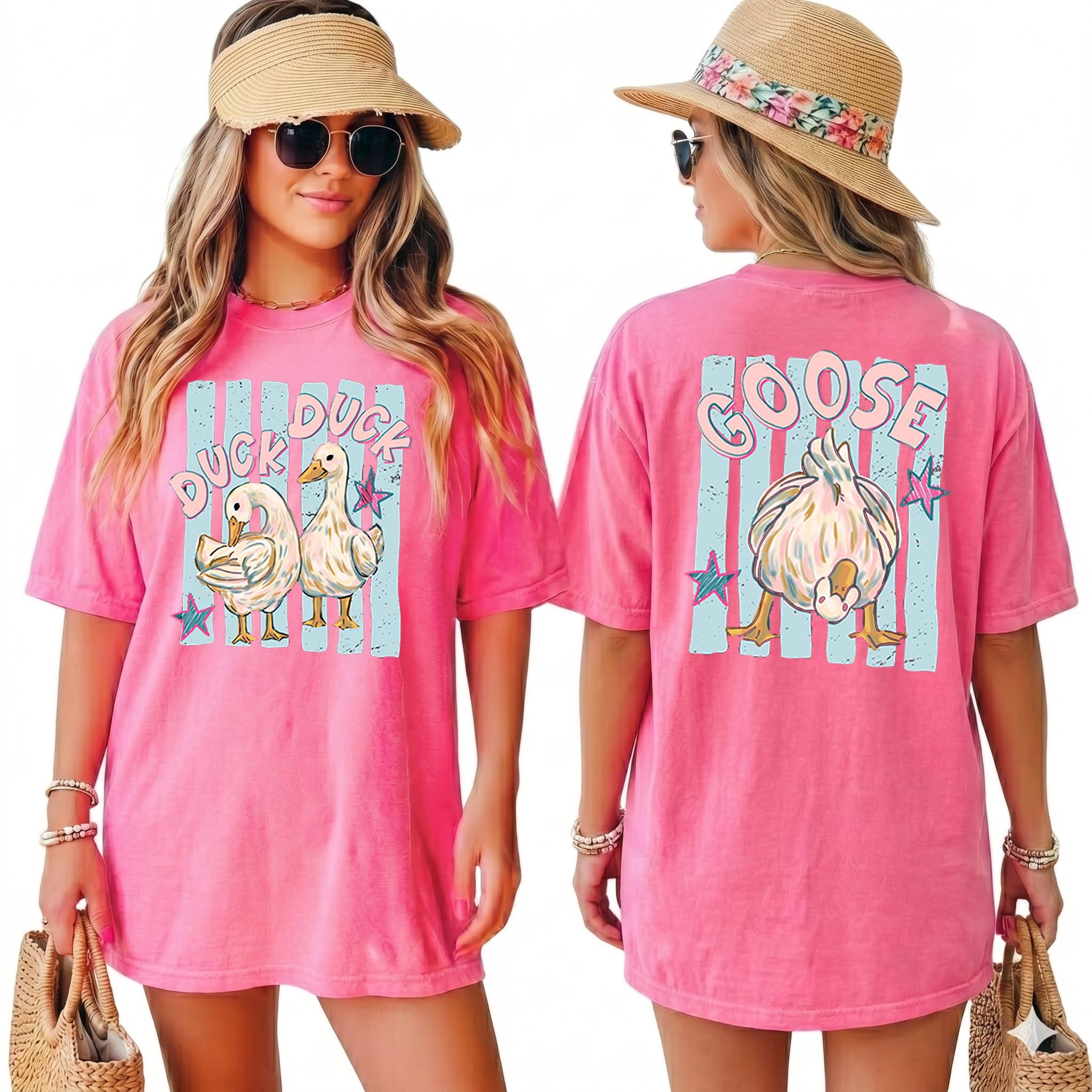 Trending Catch Phrase Shirt Duck Duck Goose Guess What Shirt Cute Brushstroke Duck Graphic Tee Summer Beach Vintage Tee Girly Boutique Tee Aesthetic Trendy Coppy Cute Birds Double Sided Print Short Sleeve T-Shirt