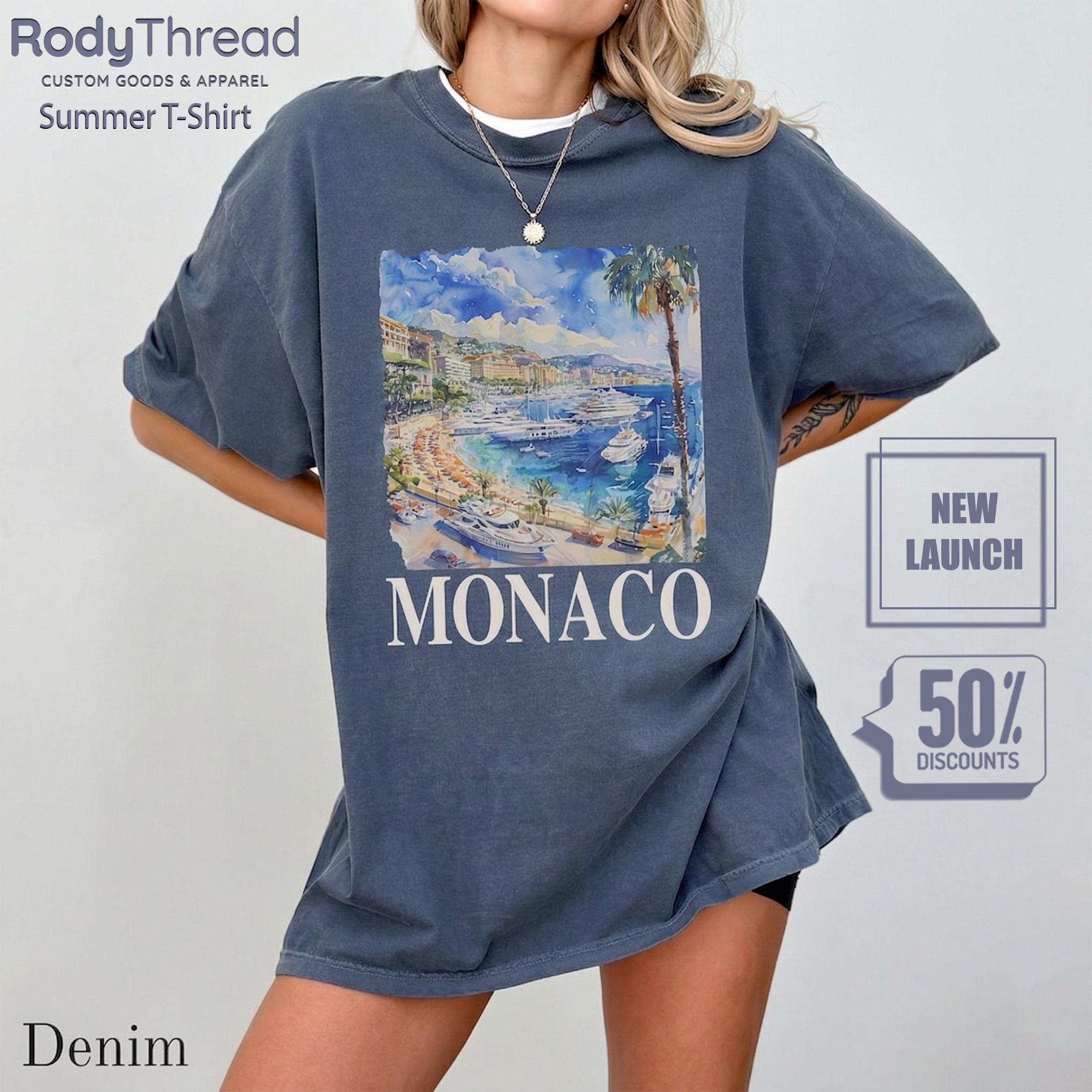 Women'S Monaco Apparel - Garment-Dyed Cotton Oversized Round Neck Short-Sleeve Tshirt, Streetwear Style, Vintage Watercolor Graphic, Ribbed Ultra-Soft Premium Fabric, Wrap Detail, Coastal Aesthetic, Casual Vacation Beach Clothes
