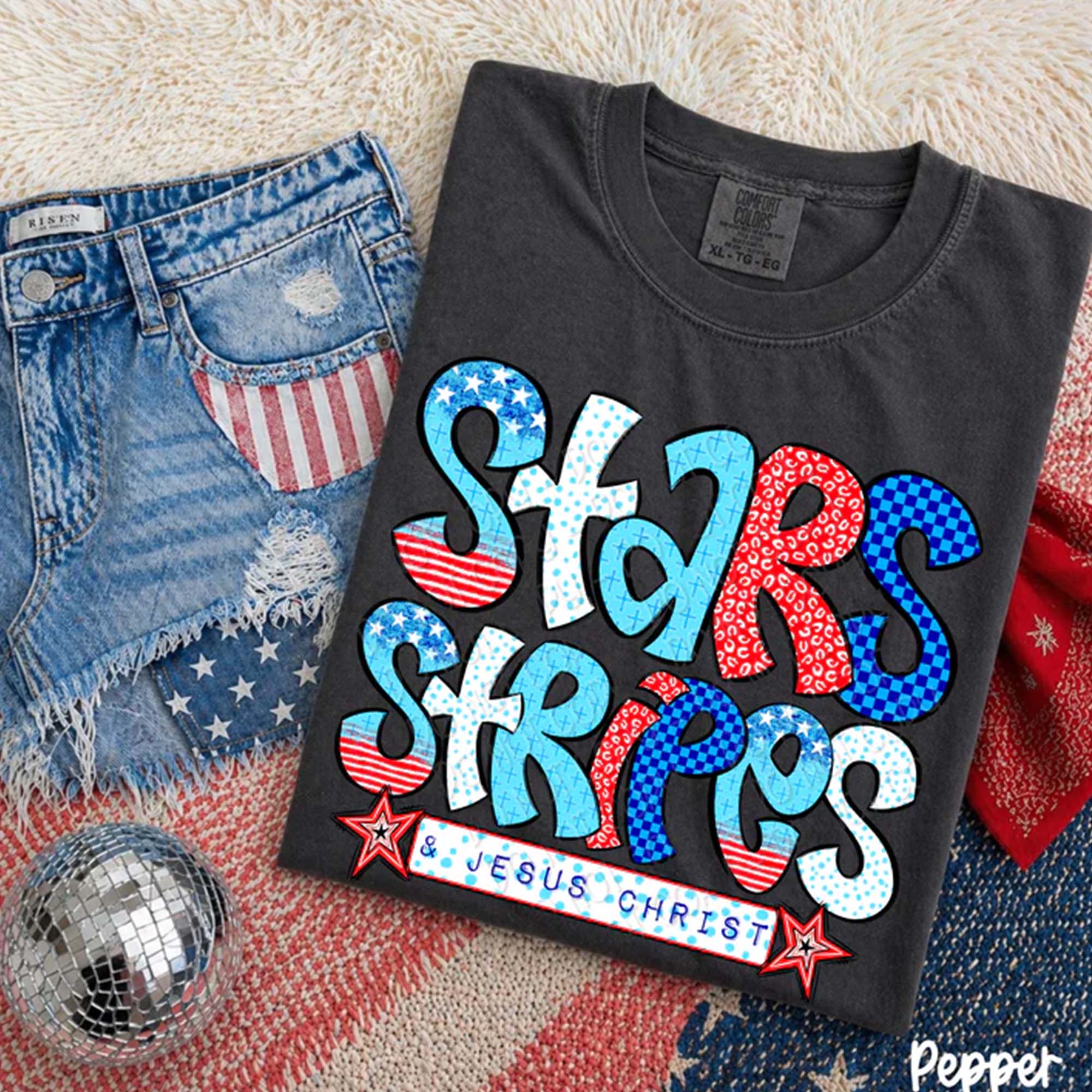 Women'S Short-Sleeve Ribbed Cotton Fabric Lady T-Shirt - Stars Stripes, Jesus Christ Graphic, Preppy Retro Western Patriotic Christian Aesthetic, Red White Blue Bubble Letters, Leopard Checkerboard Print, 4th Of July Streetwear Top