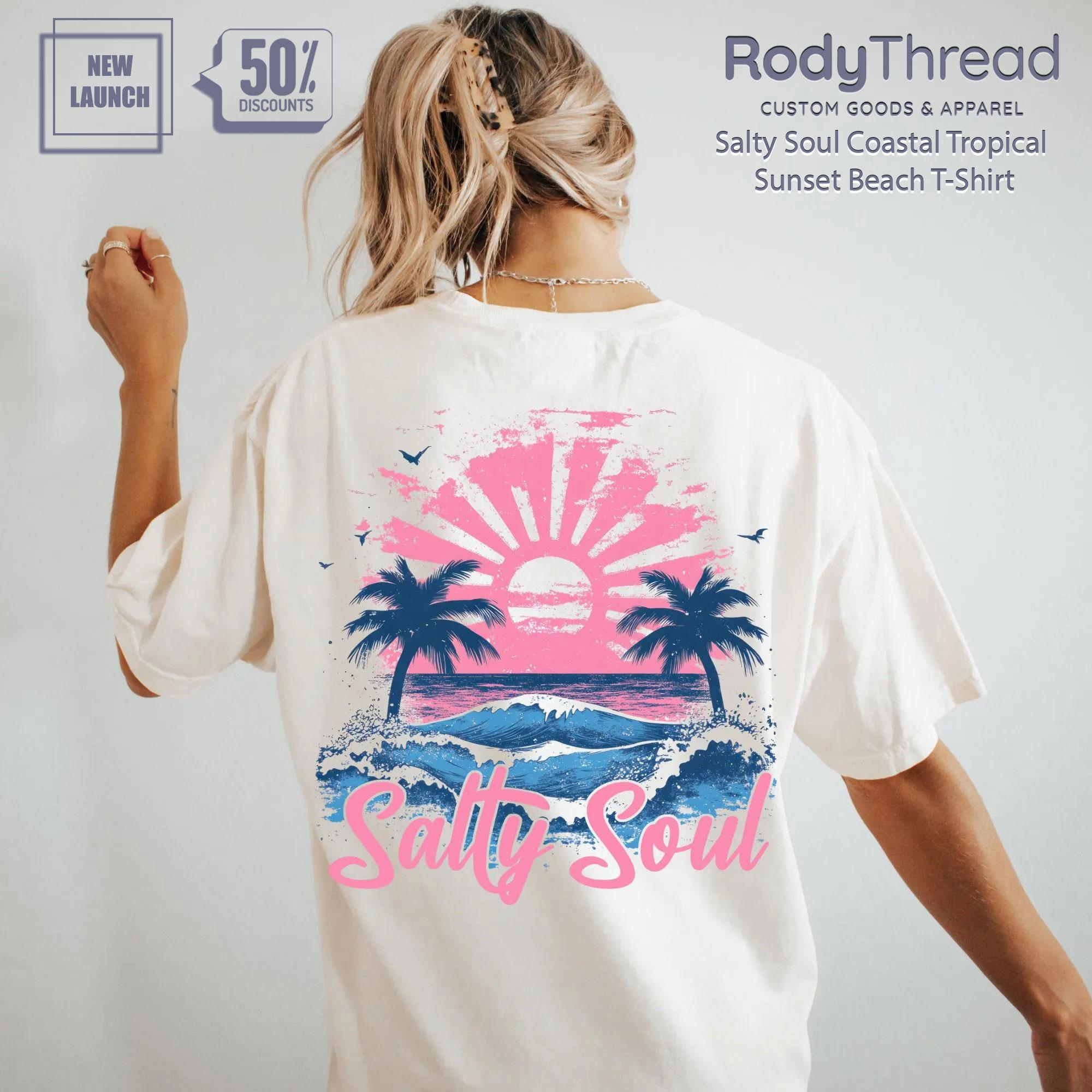 Salty Soul Coastal Tropical Sunset T-Shirt – Pink & Blue Wave Print Top, Aesthetic Surf Life Streetwear, Women’S Summer Essentials Tee
