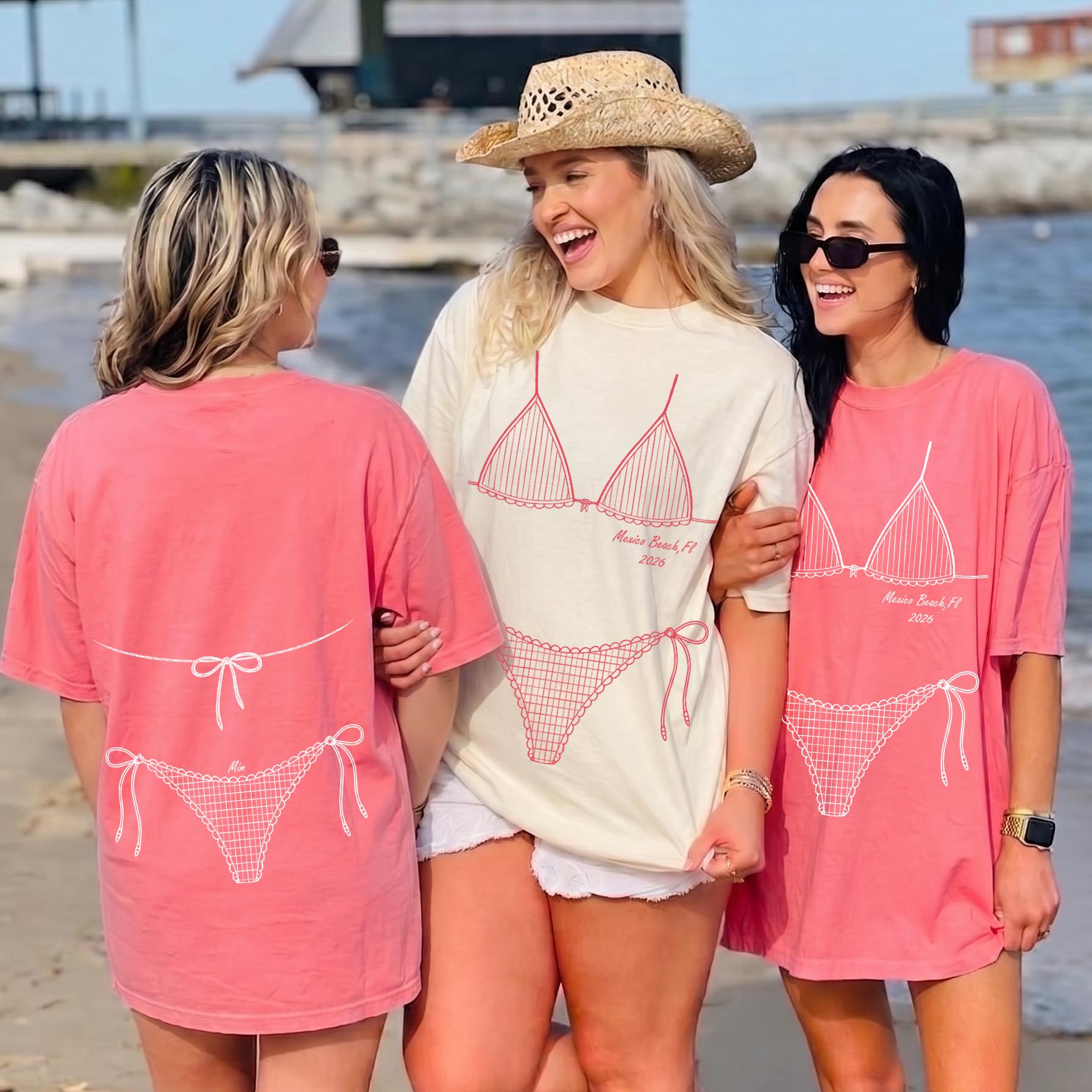 Custom Bikini Body Illusion Graphic Oversized T-Shirt Beach Cover Up For Women Girls Trip Preppy Bachelorette Aesthetic Pink Cotton Blend Matching Tees Summer Vacation Swimwear Print Mexico Beach 2026 (Pink Mrs Bride)