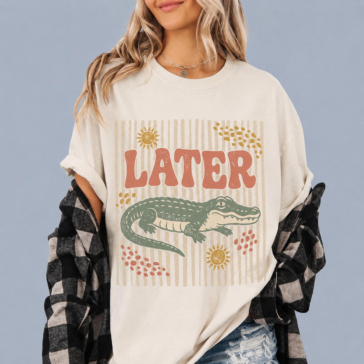 Later Gator Vintage Graphic Print Oversized T-Shirt For Women And Teens Retro Aesthetic Southern Preppy Casual Wear Cream Off White Soft Cotton Blend Crocodile Animal Print Top Fun Novelty Summer Shirt Distressed Y2k Clothing