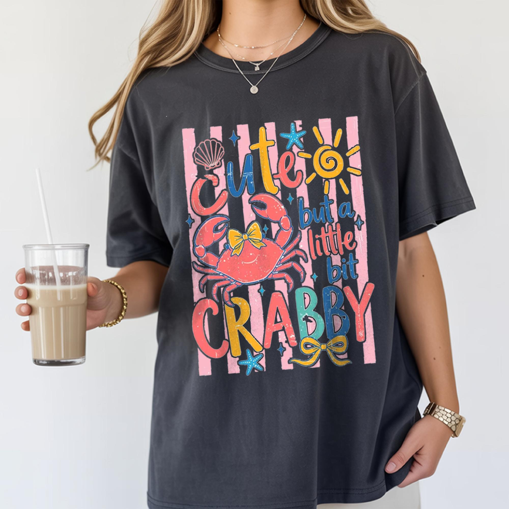 Cute But A Little Bit Crabby Graphic T-Shirt For Women Coastal Preppy Coquette Summer Beach Vacation Retro Aesthetic Light Butter Yellow Cotton Blend Casual Cute Crab Summer Shirt Fun Ocean Animal Vacation Tops Tee Womenswear Apparel