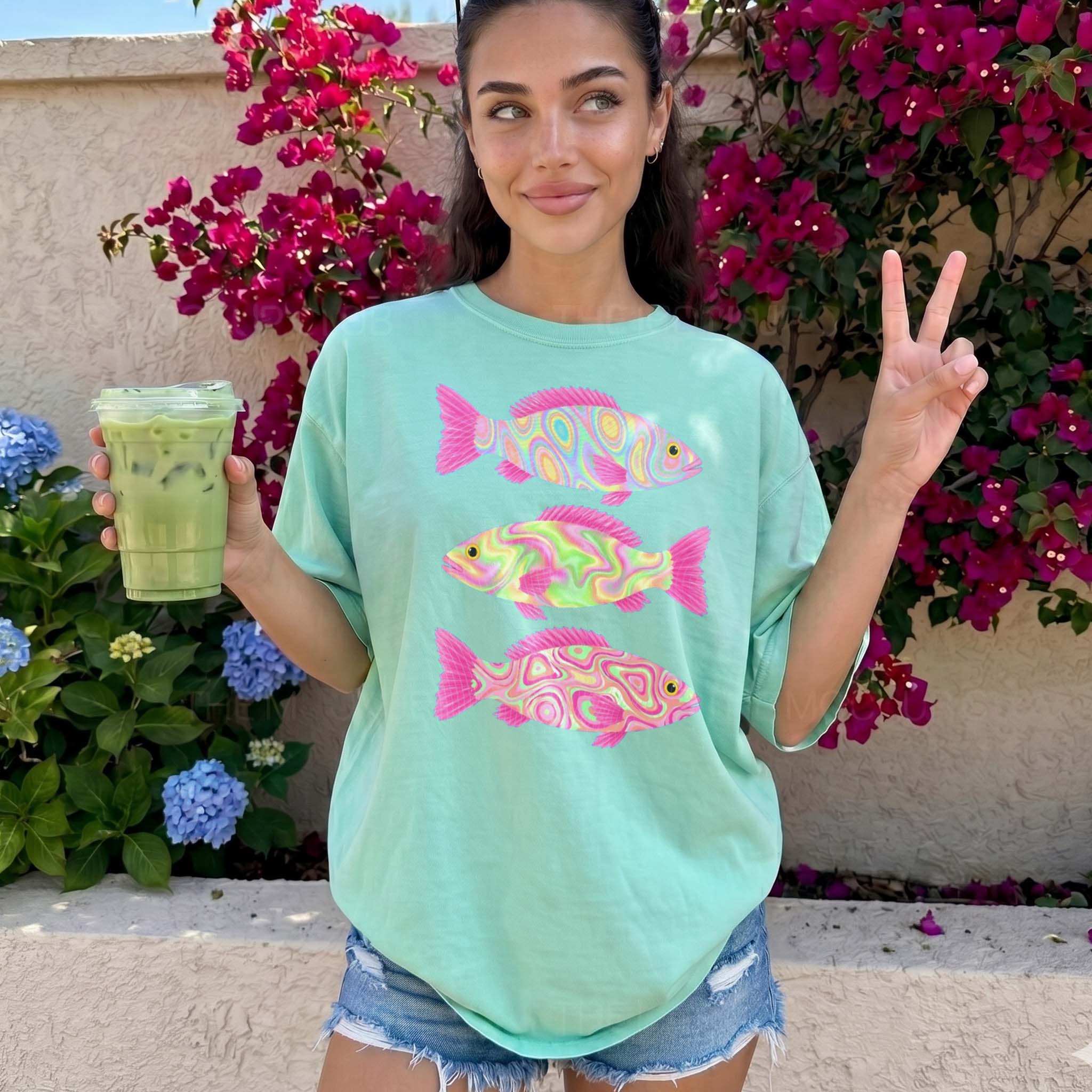 Retro Preppy Holographic Psychedelic Fish Graphic T-Shirt For Unisex Bright Blue Cotton Comfort Colors Tee Coastal Aesthetic Holographic Fish Summer Trout Fish Lake Day Vacation Neon Trippy Fishing Apparel Trendy Top