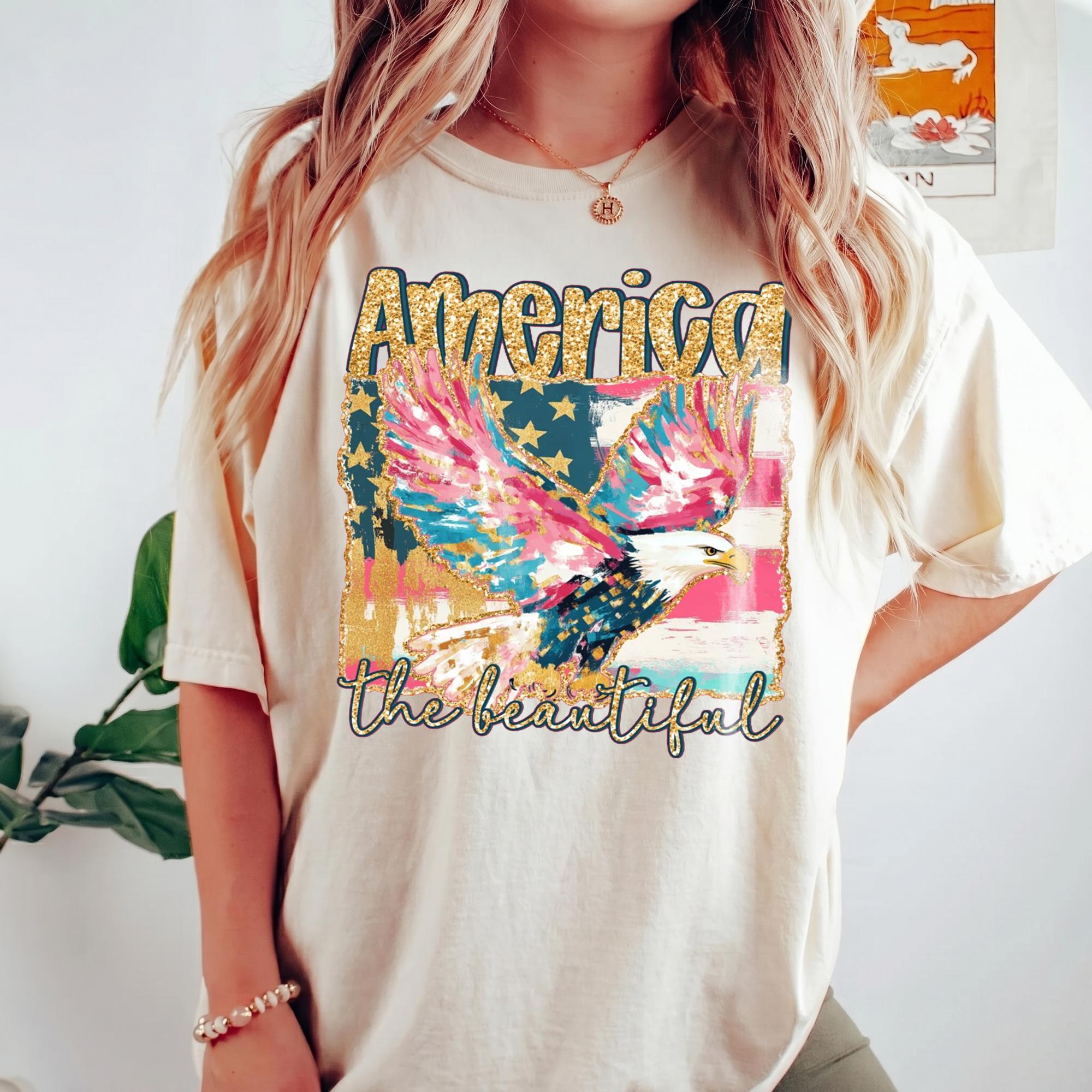America The Beautiful Graphic T-Shirt For Men Women Unisex Preppy Western Retro Patriotic Red Cotton Tee 250th Independence Day Anniversary Red White And Blue Bald Eagle Gold Glitter American Flag Summer Top Shirt