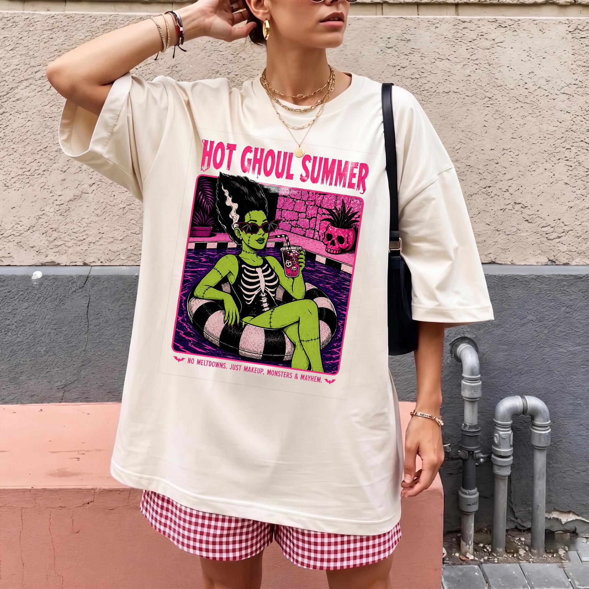 Hot Ghoul Summer Graphic T-Shirt For Women Retro Spooky Season Pastel Goth Aesthetic Cream Cotton Tee Frankenstein Monster Pool Party Pop Art Alt Girl Halloween In July Top Funny Skeleton Swimsuit Spooky Vibes.