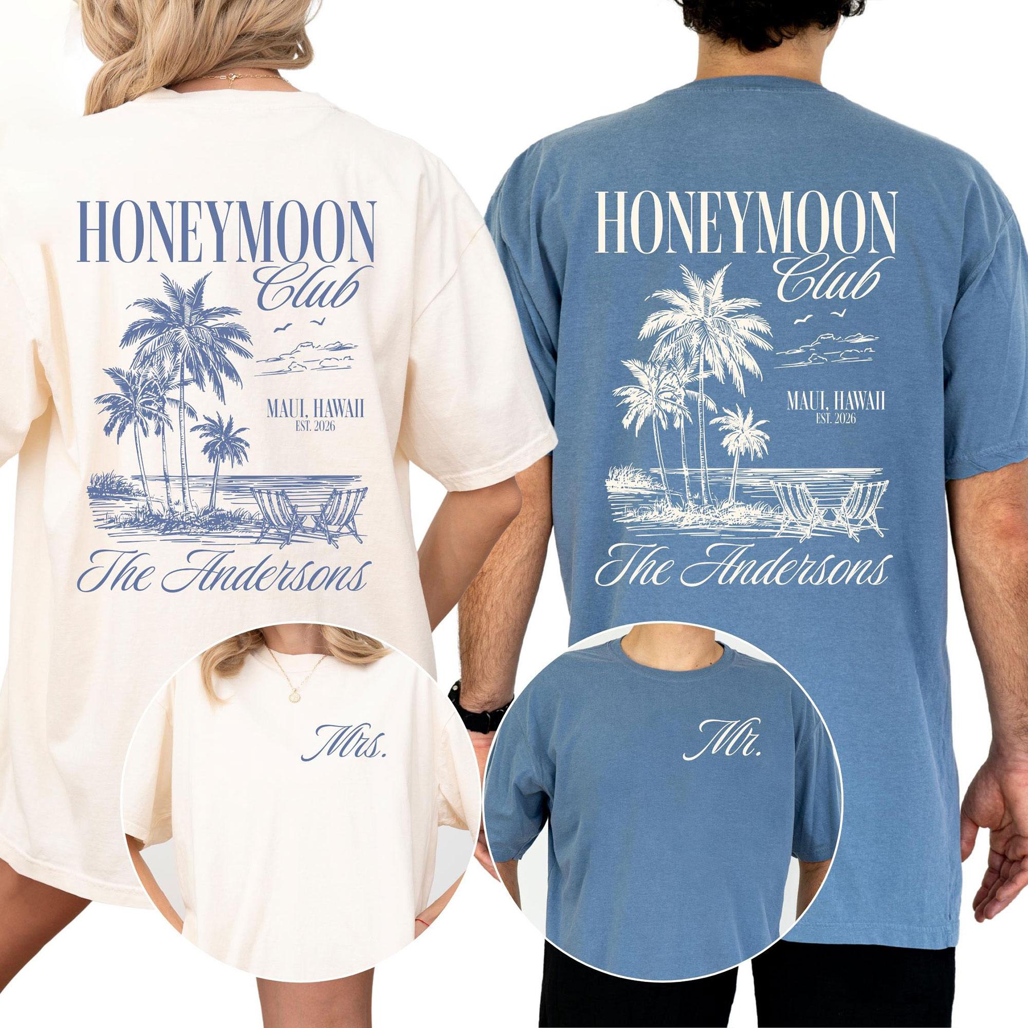 Custom Honeymoon Club Shirt Matching Couple T-Shirts For Newlyweds Husband And Wife Personalized Summer Retro Tropical Beach Aesthetic Custom Mr And Mrs Shirts Newlywed Wedding Shirt Just Married Shirt Wife And Husband Shirt