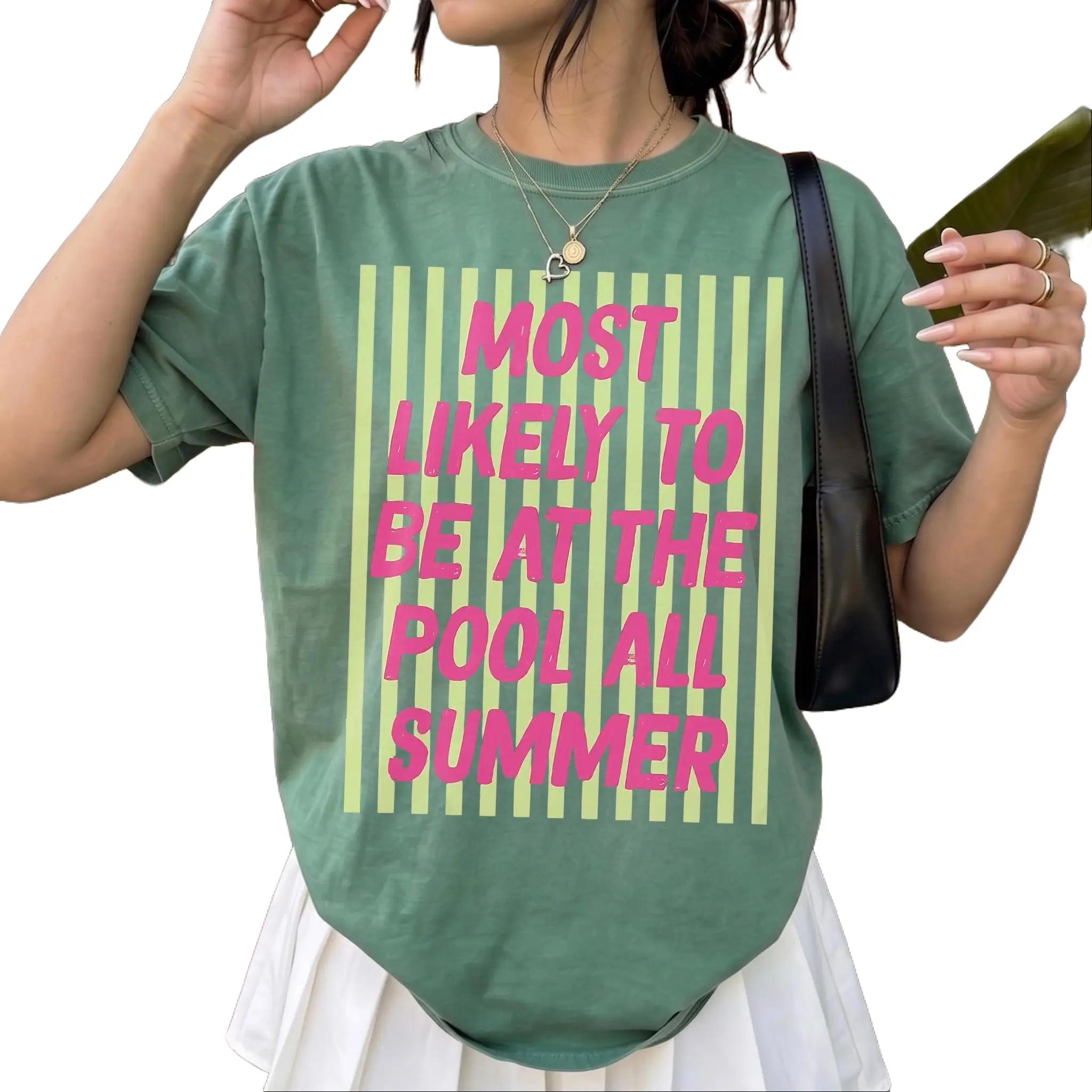 Most Likely To Be At The Pool All Summer Teacher Stripes T-Shirt For Women Casual Preppy Summer Aesthetic Premium Cotton Back To School Apparel Educator Gift Funny Graphic Tee Top Comfortable Relaxed Fit For Everyday Wear