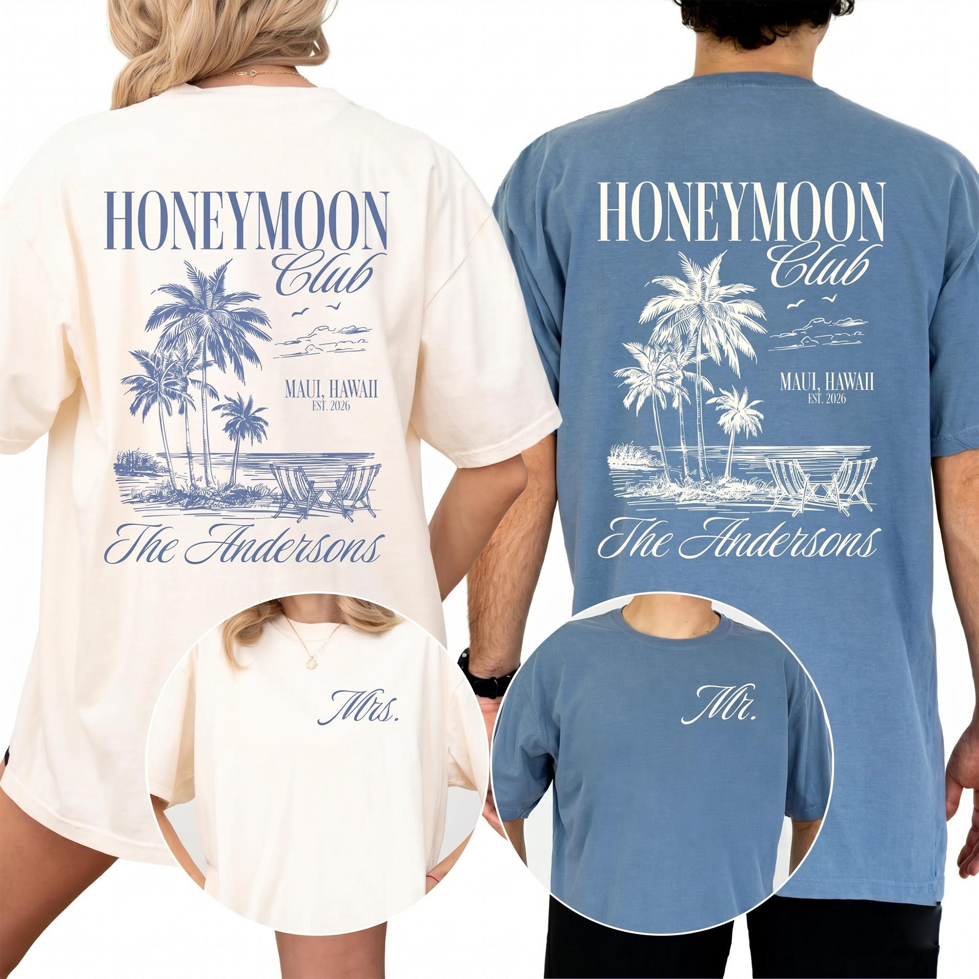 Honeymoon Club Custom Graphic T-Shirts For Newlywed Wife And Husband Vintage Coastal Retro Beach Aesthetic Charcoal Grey Cream Cotton Custom Mr And Mrs Shirts Newlywed Wedding Shirt Just Married Vacation Tees