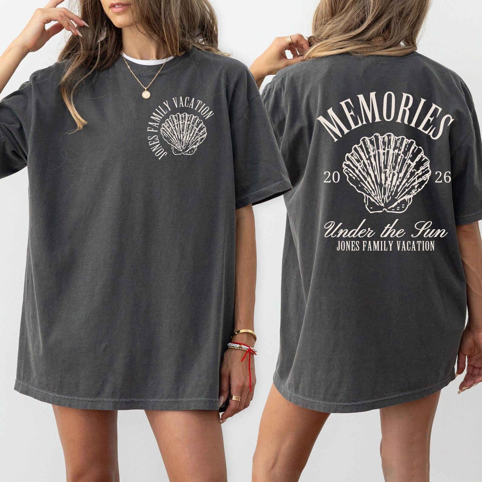 Women'S Custom Personalized Family Matching Coastal Retro Beach Graphic Tee - Charcoal Grey Cotton Fabric, Ribbed, Casual, Streetwear, Vintage Summer Vacation Apparel Top