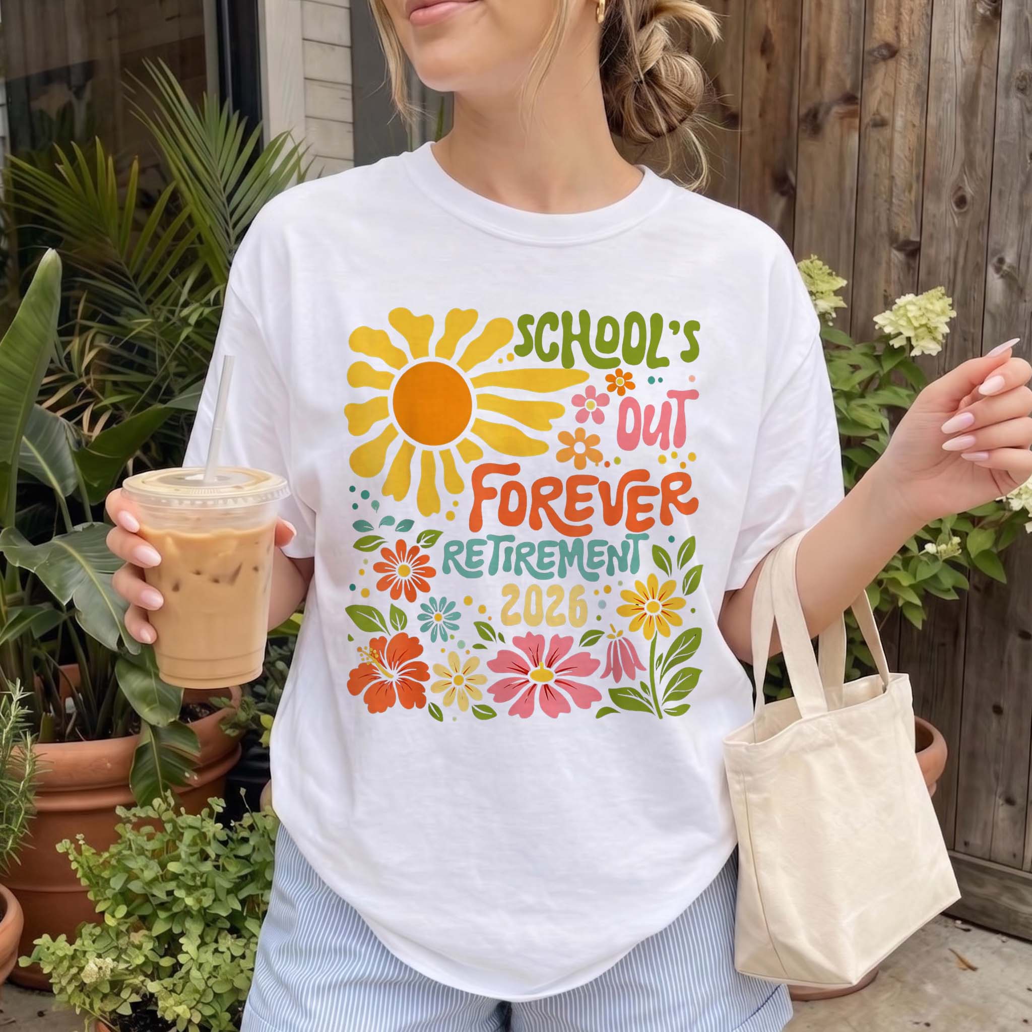 Women'S Soft Ribbed Cotton Round Neck Short-Sleeve T-Shirt - 2026 School'S Out Forever Teacher Retirement Graphic, Vintage Groovy Floral Print, Preppy Style Top, Summer Casual Streetwear, Lady Educator Gift, Women'S Clothes